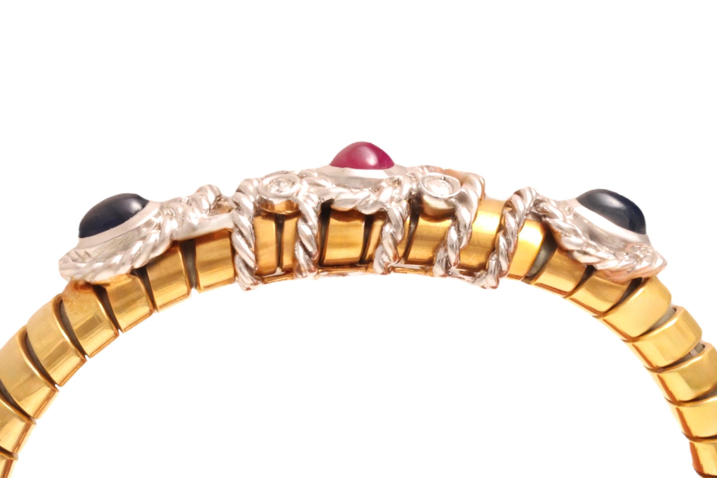 Van Esser Flexibles Armband aus 18 Karat Gold mit Diamanten, Cabochon, Saphiren und Rubinen im Angebot 1