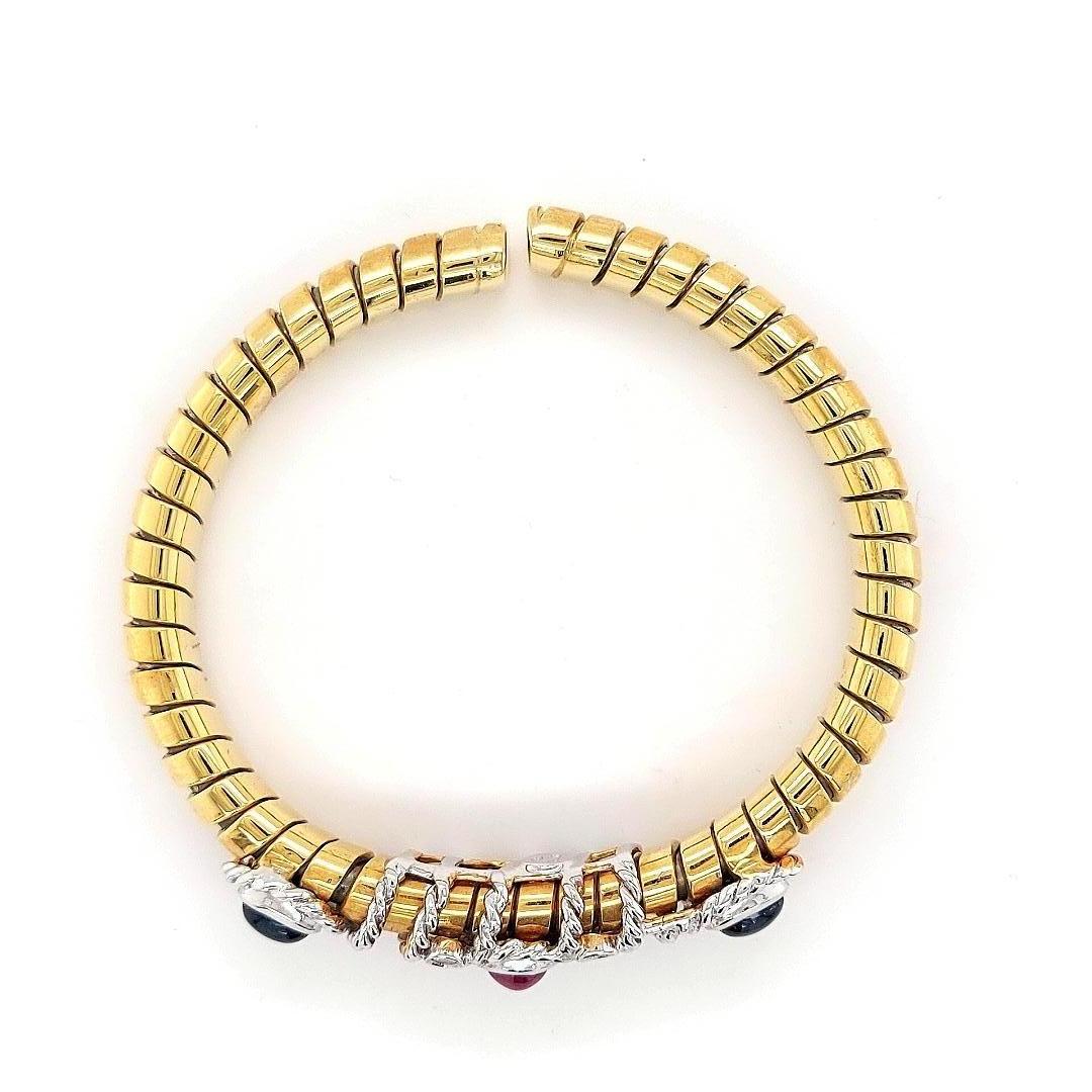 Van Esser Flexible Bi Color Gold Bracelet with Diamonds, Sapphires& Ruby Cabucho For Sale 1