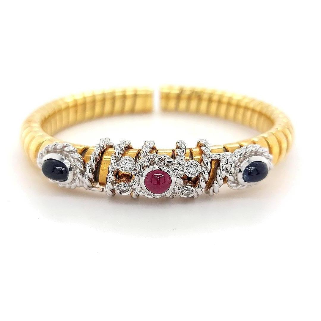 Van Esser Bracelet souple en or bicolore avec diamants, saphirs et rubis Cabuchon en vente 5