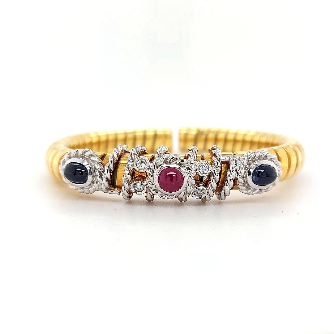 Van Esser Flexible Bi Color Gold Bracelet with Diamonds, Sapphires& Ruby Cabucho For Sale 3