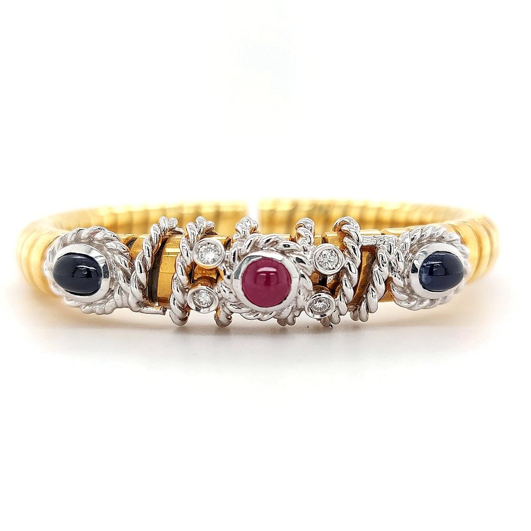 Van Esser Flexible Bi Color Gold Bracelet with Diamonds, Sapphires& Ruby Cabucho For Sale 5