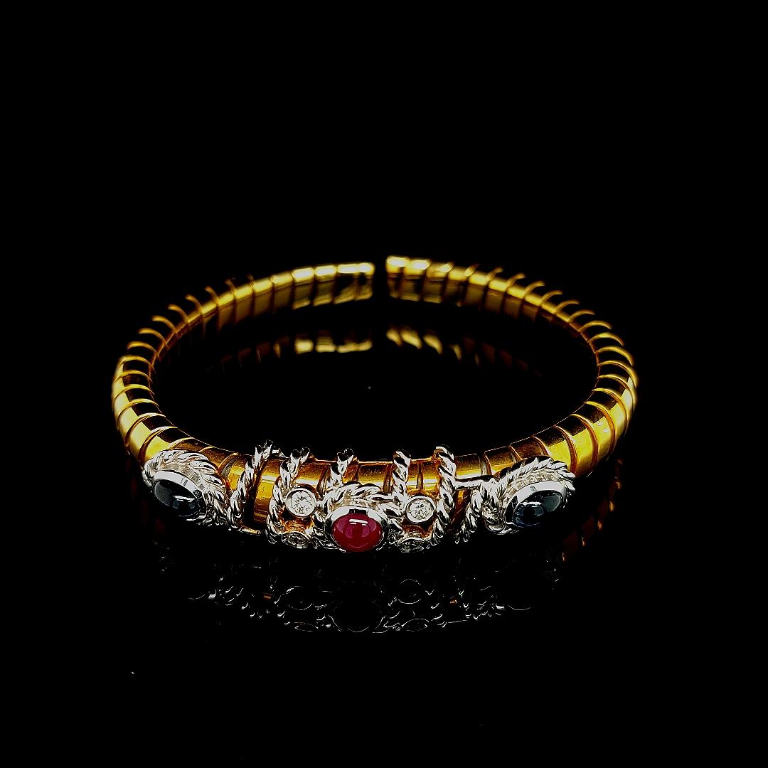 Van Esser Flexible Bi Color Gold Bracelet with Diamonds, Sapphires& Ruby Cabucho For Sale 6