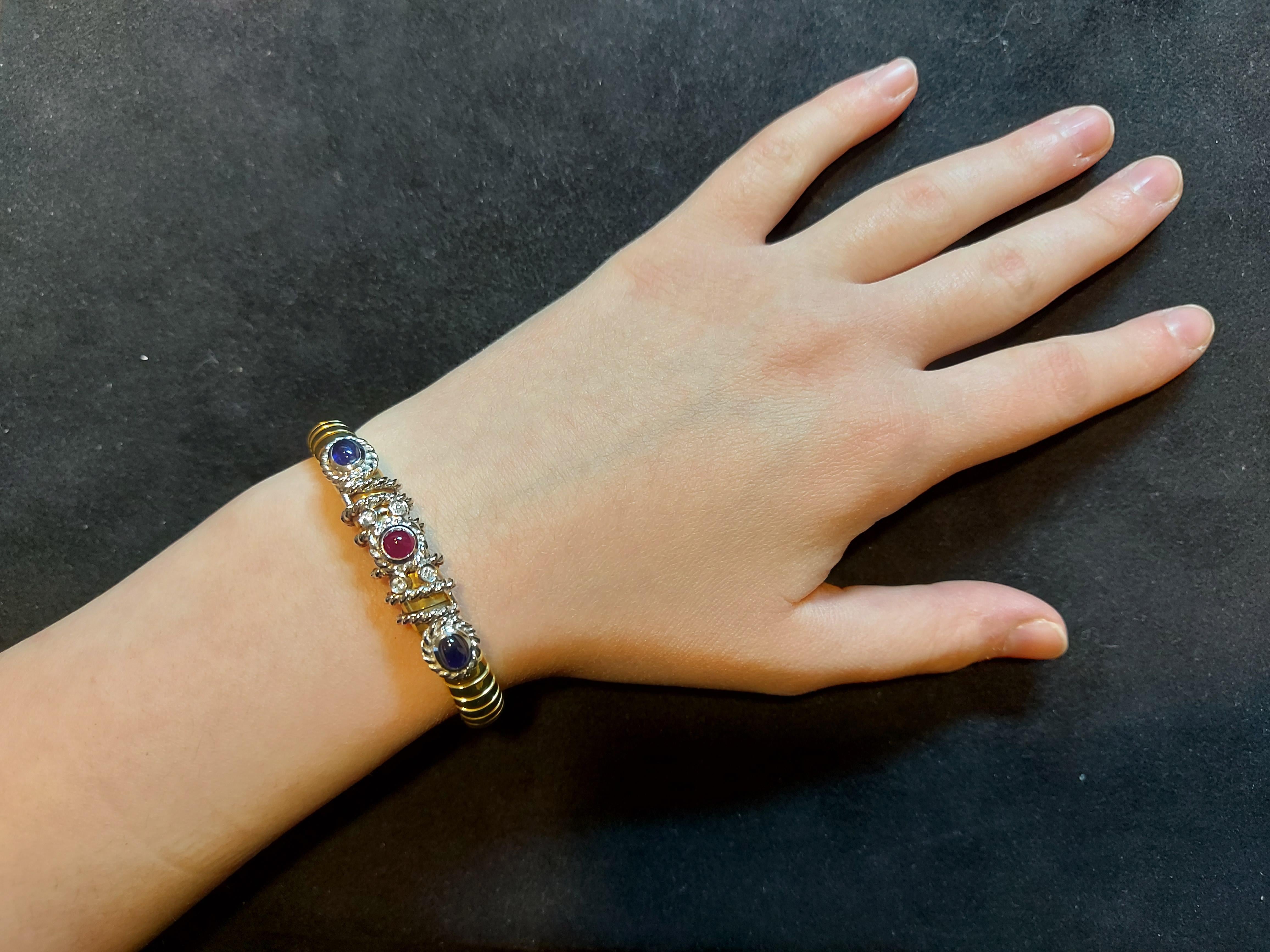 Van Esser Flexible Bi Color Gold Bracelet with Diamonds, Sapphires& Ruby Cabucho For Sale 9