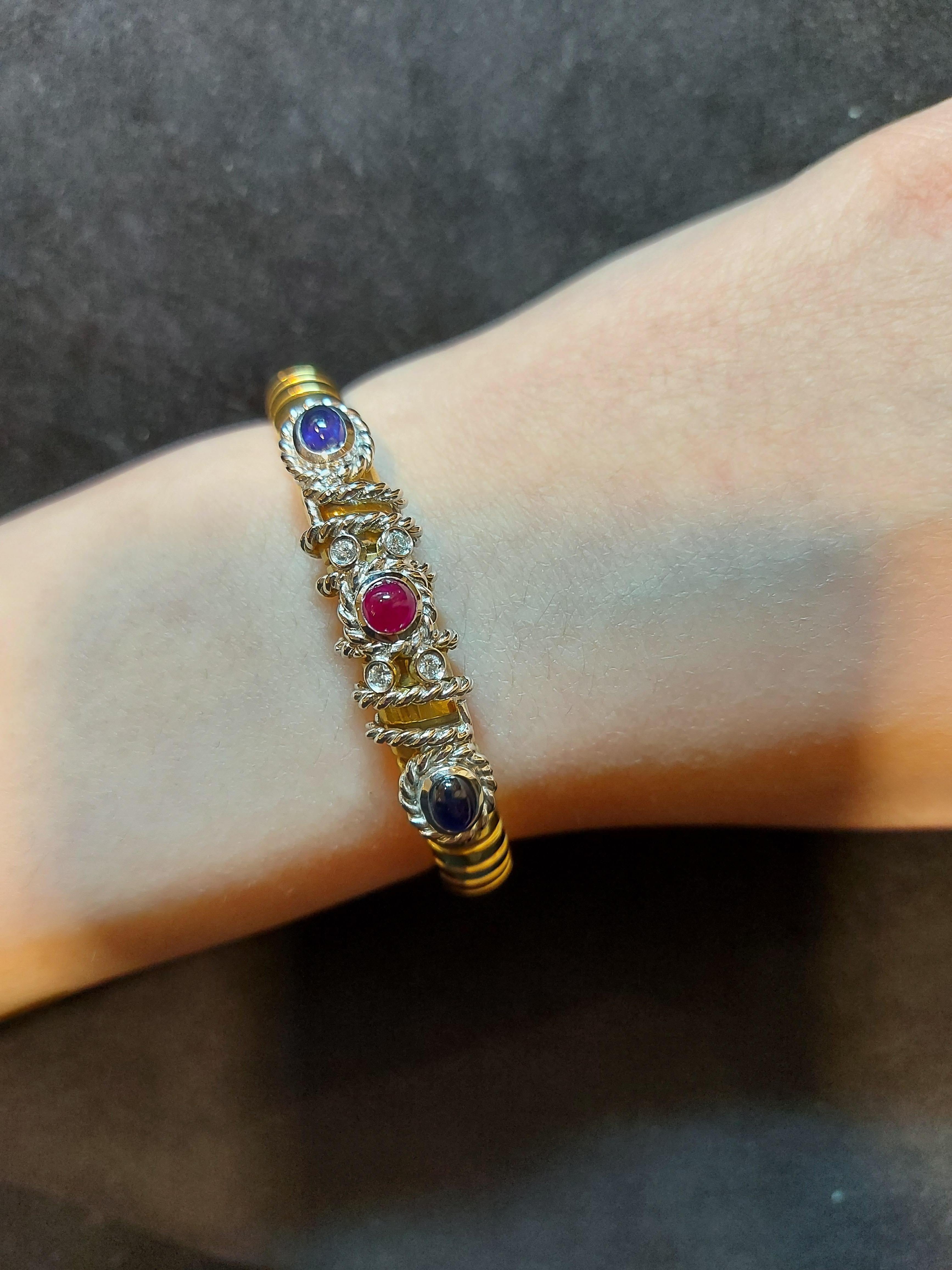 Van Esser Flexible Bi Color Gold Bracelet with Diamonds, Sapphires& Ruby Cabucho For Sale 10