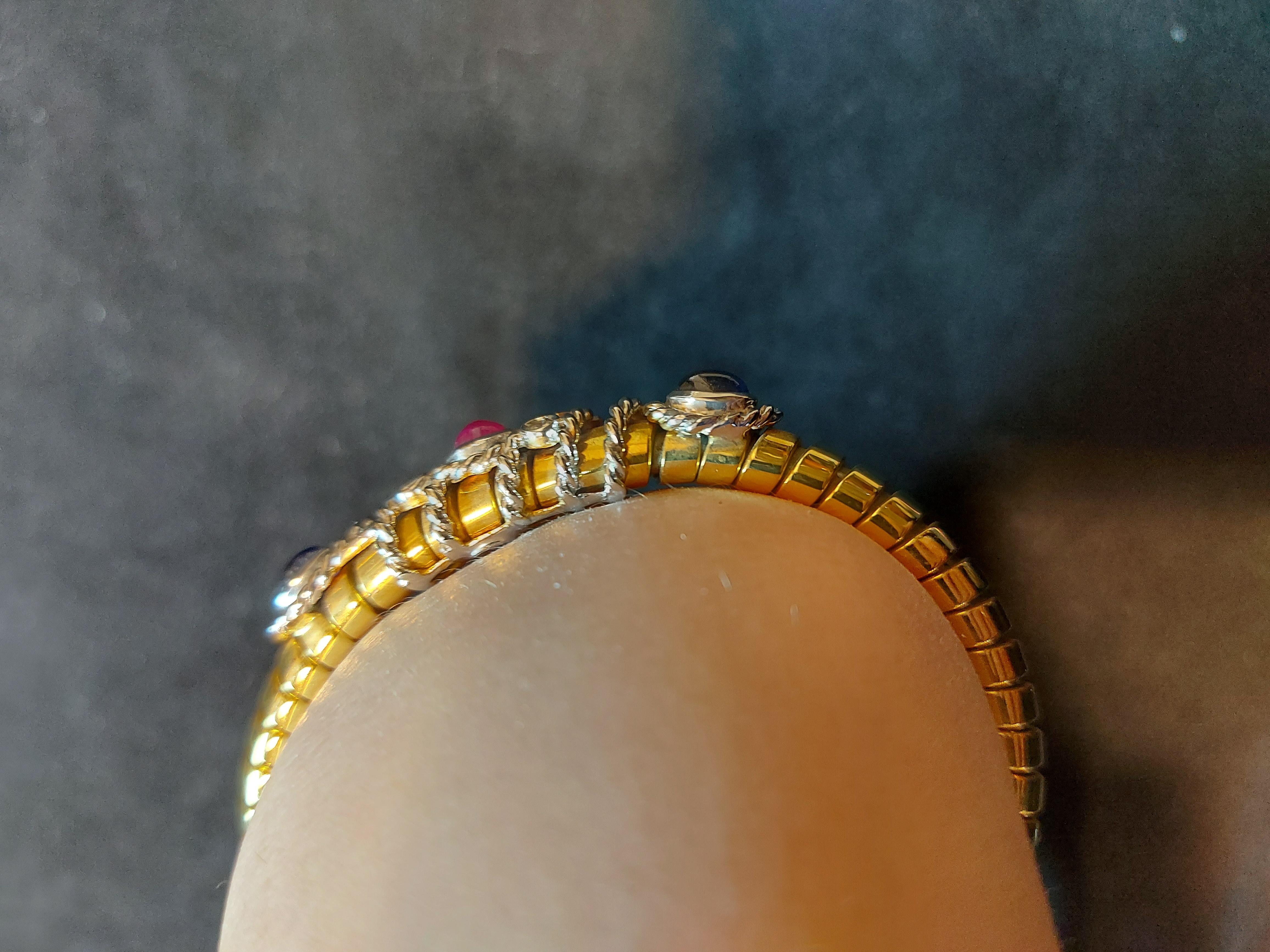 Van Esser Flexible Bi Color Gold Bracelet with Diamonds, Sapphires& Ruby Cabucho For Sale 11