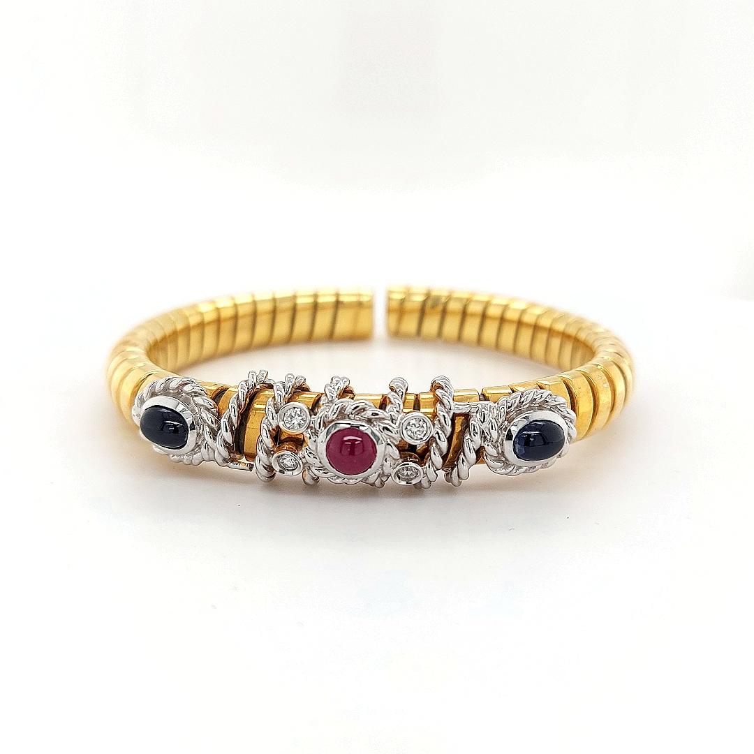 Artisan Van Esser Flexible Bi Color Gold Bracelet with Diamonds, Sapphires& Ruby Cabucho For Sale