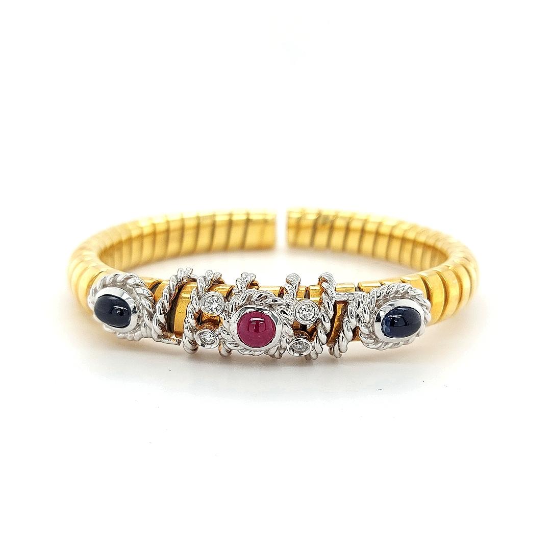 Van Esser Flexible Bi Color Gold Bracelet with Diamonds, Sapphires& Ruby Cabucho In Excellent Condition For Sale In Antwerp, BE