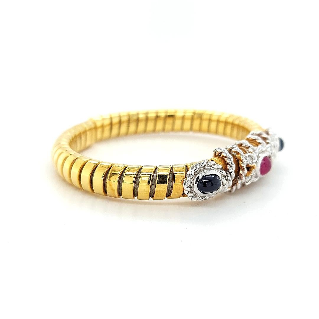 Women's or Men's Van Esser Flexible Bi Color Gold Bracelet with Diamonds, Sapphires& Ruby Cabucho For Sale