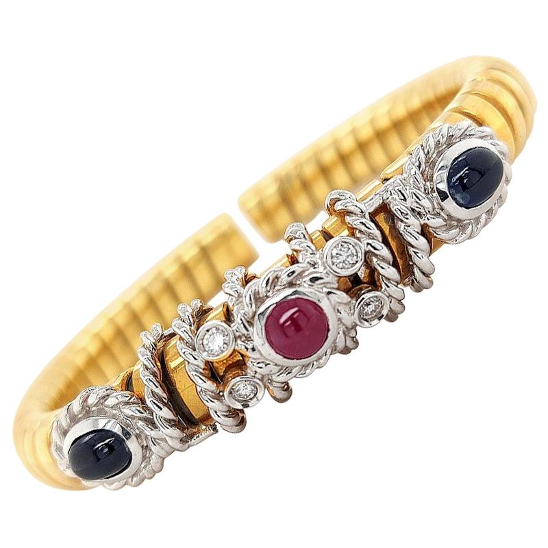Van Esser Flexible Bi Color Gold Bracelet with Diamonds, Sapphires& Ruby Cabucho For Sale