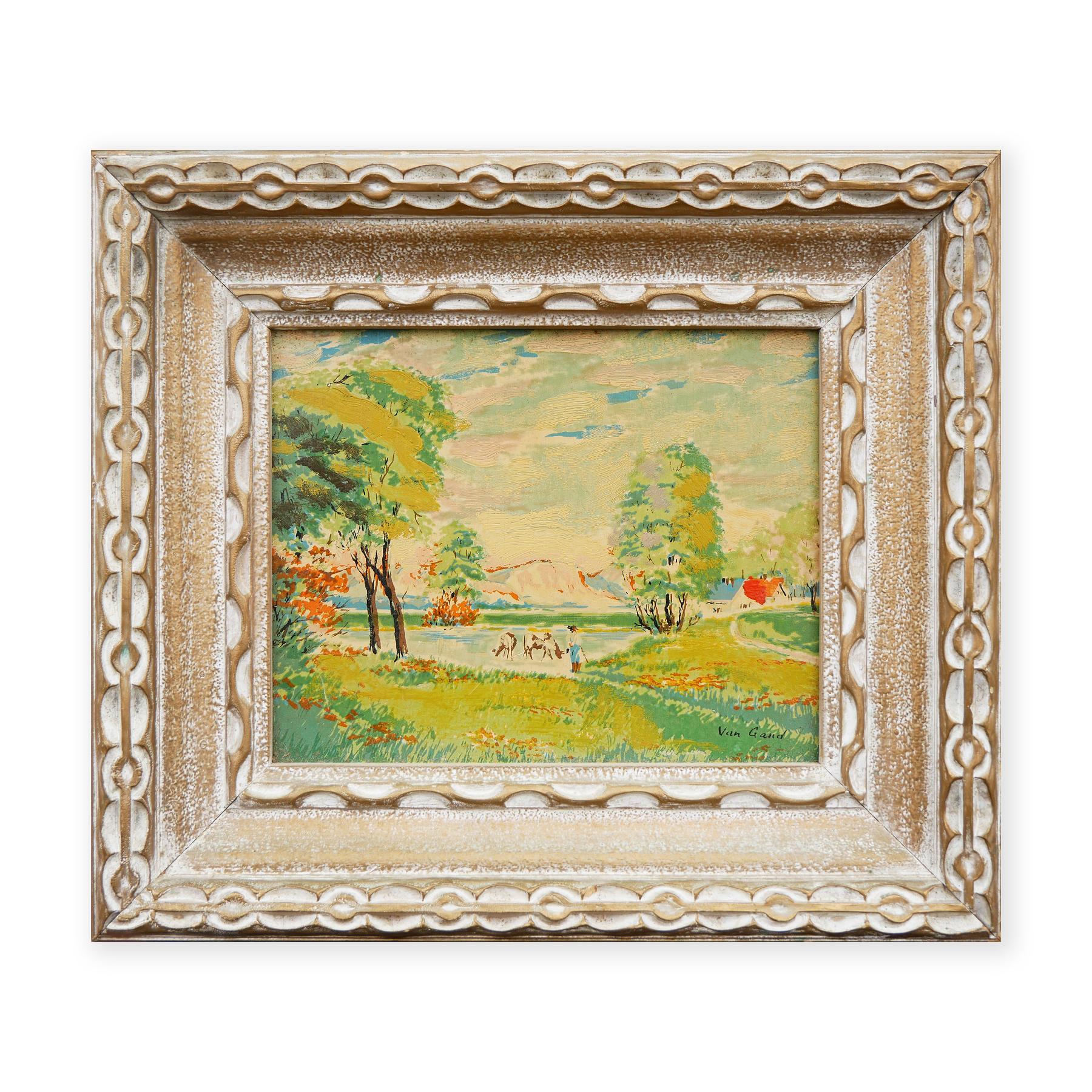 Yellow and Green-Toned Post Impressionist Belgian Countryside Landscape Painting 1