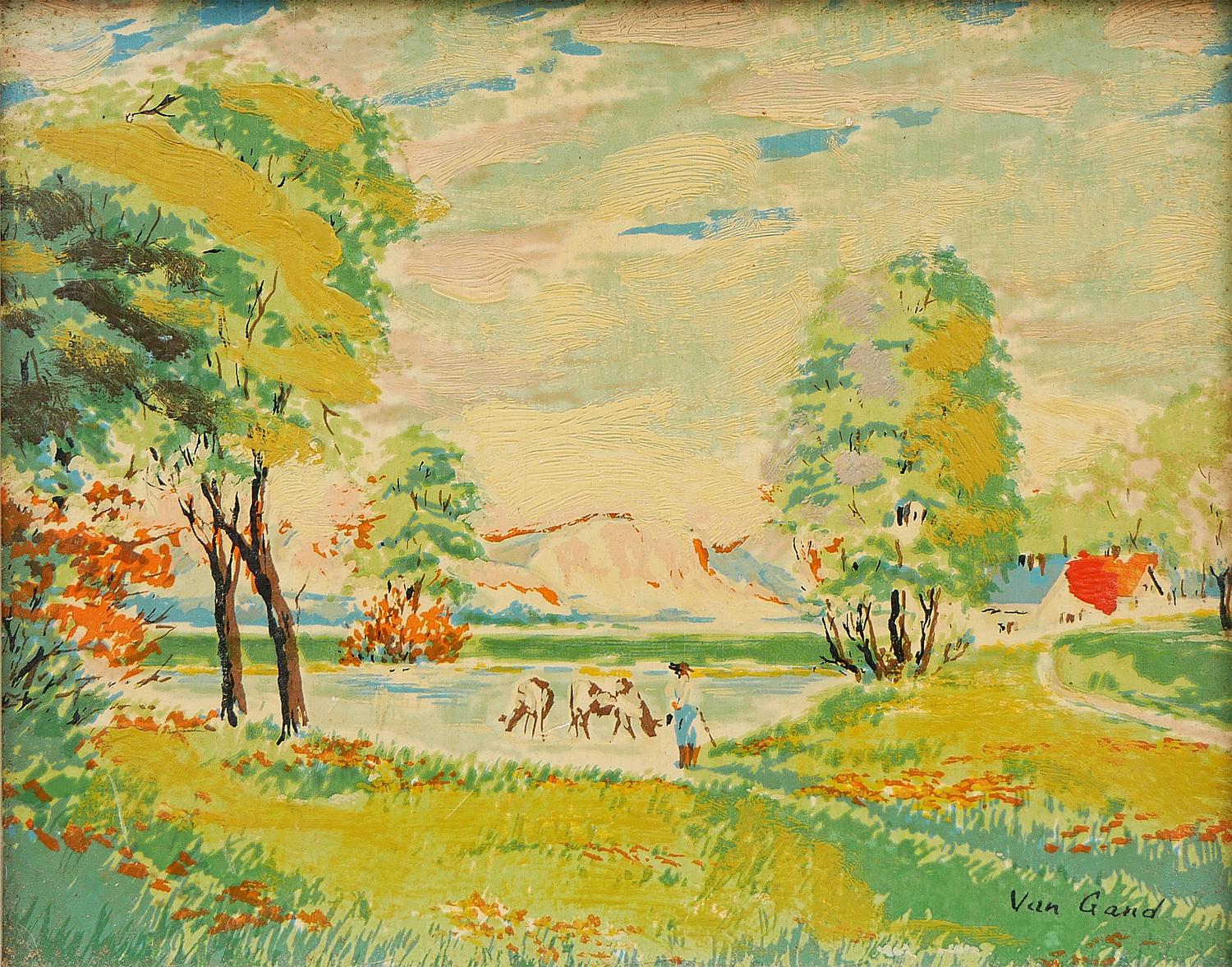 Yellow and Green-Toned Post Impressionist Belgian Countryside Landscape Painting 7