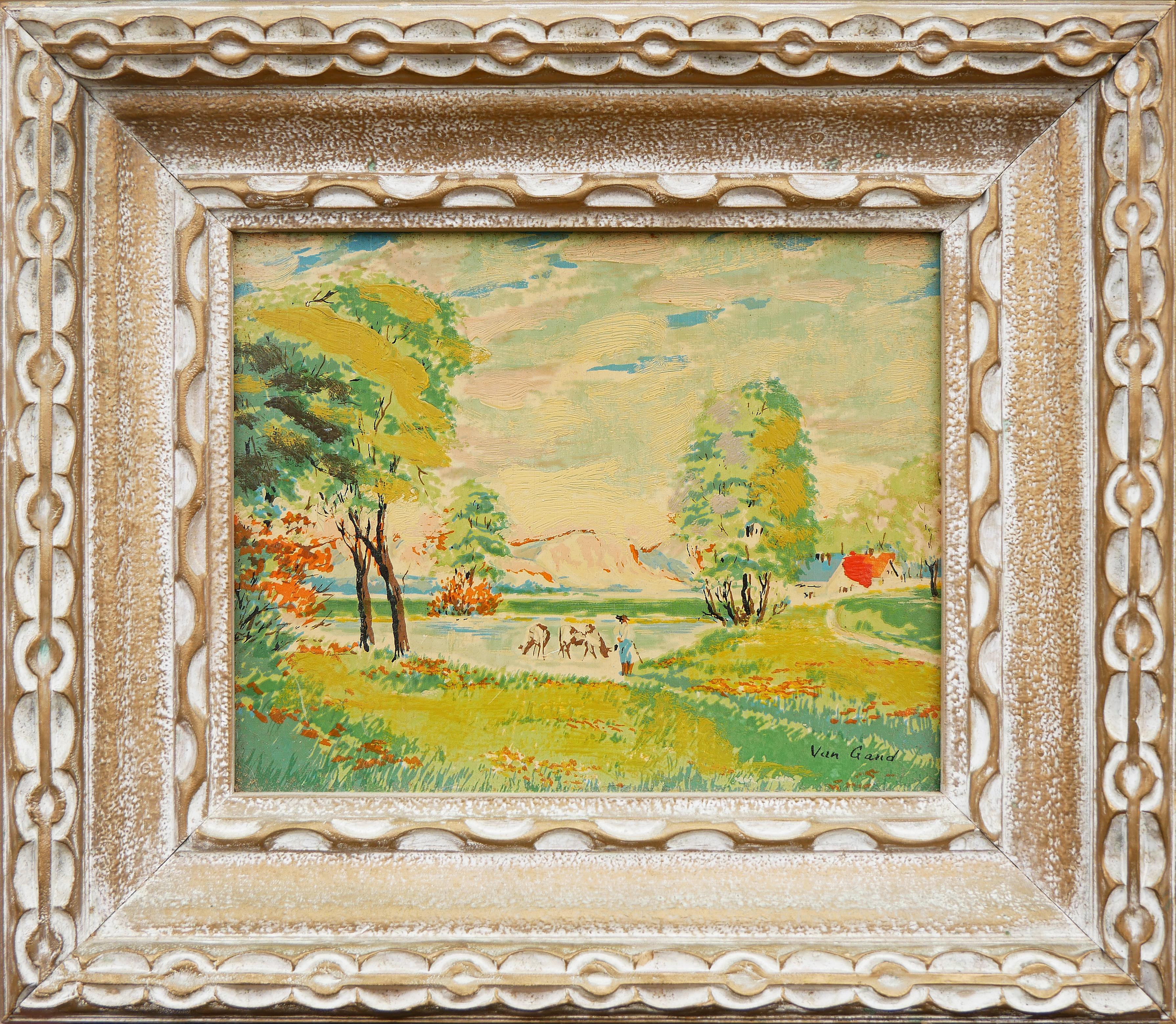 Green and yellow-toned post-impressionist landscape by Van Gand. The painting depicts a countryside landscape in Belgium. Signed by the artist at the bottom. Framed in an arts and crafts style frame. 

Dimensions Without Frame: H 7.5 in. x W 9.5 in.