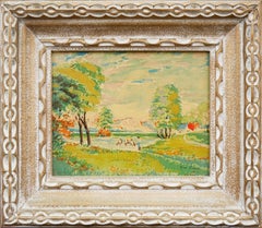 Yellow and Green-Toned Post Impressionist Belgian Countryside Landscape Painting