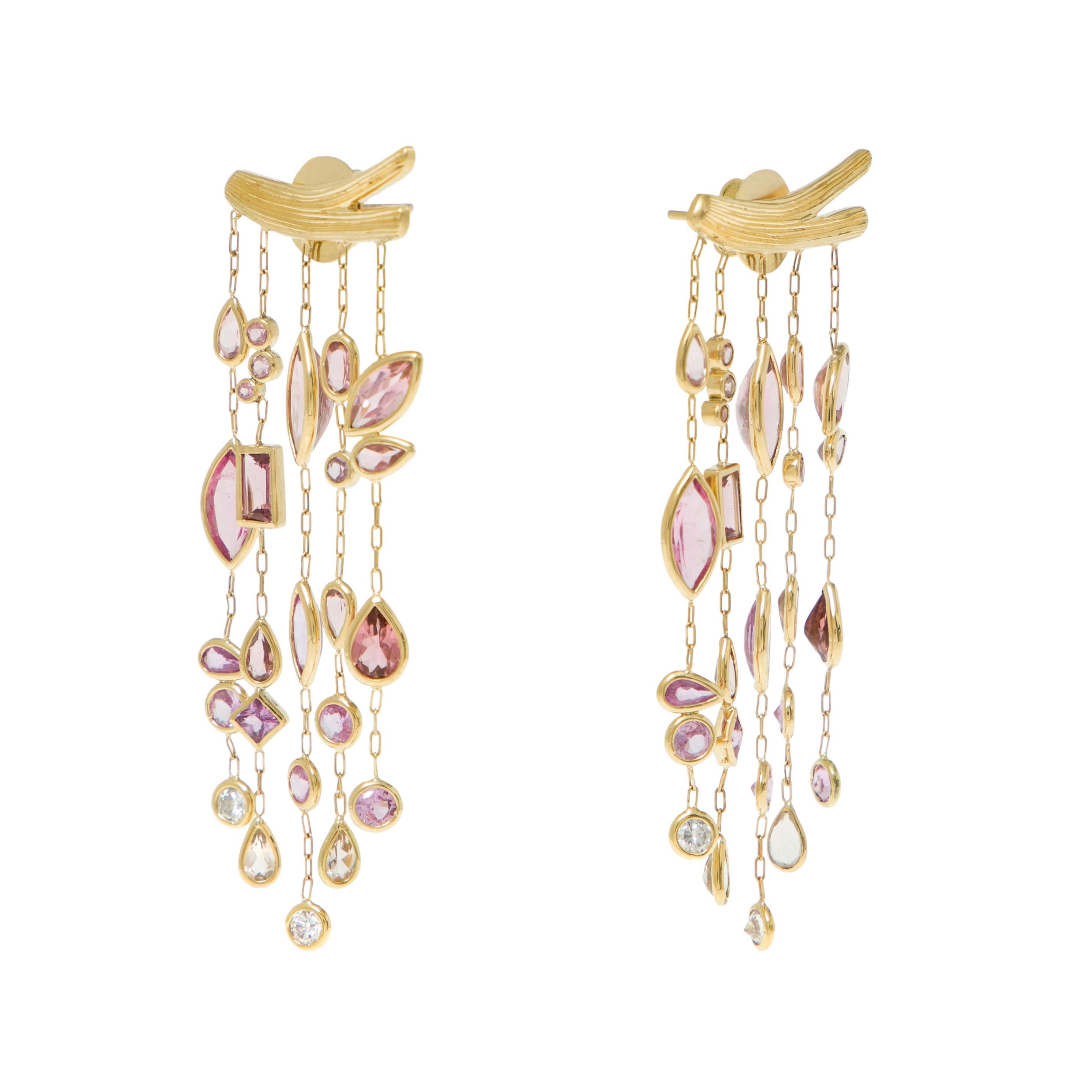 Dangle Earrings
Gold 18K 
Pink Tourmalines, Pink Sapphires, Morganites and Pink Diamonds
Handmade, polished finish and bezel setting.

Golden A' Design Award Winner (2019-2020)

These earrings were inspired by Van Gogh’s 
