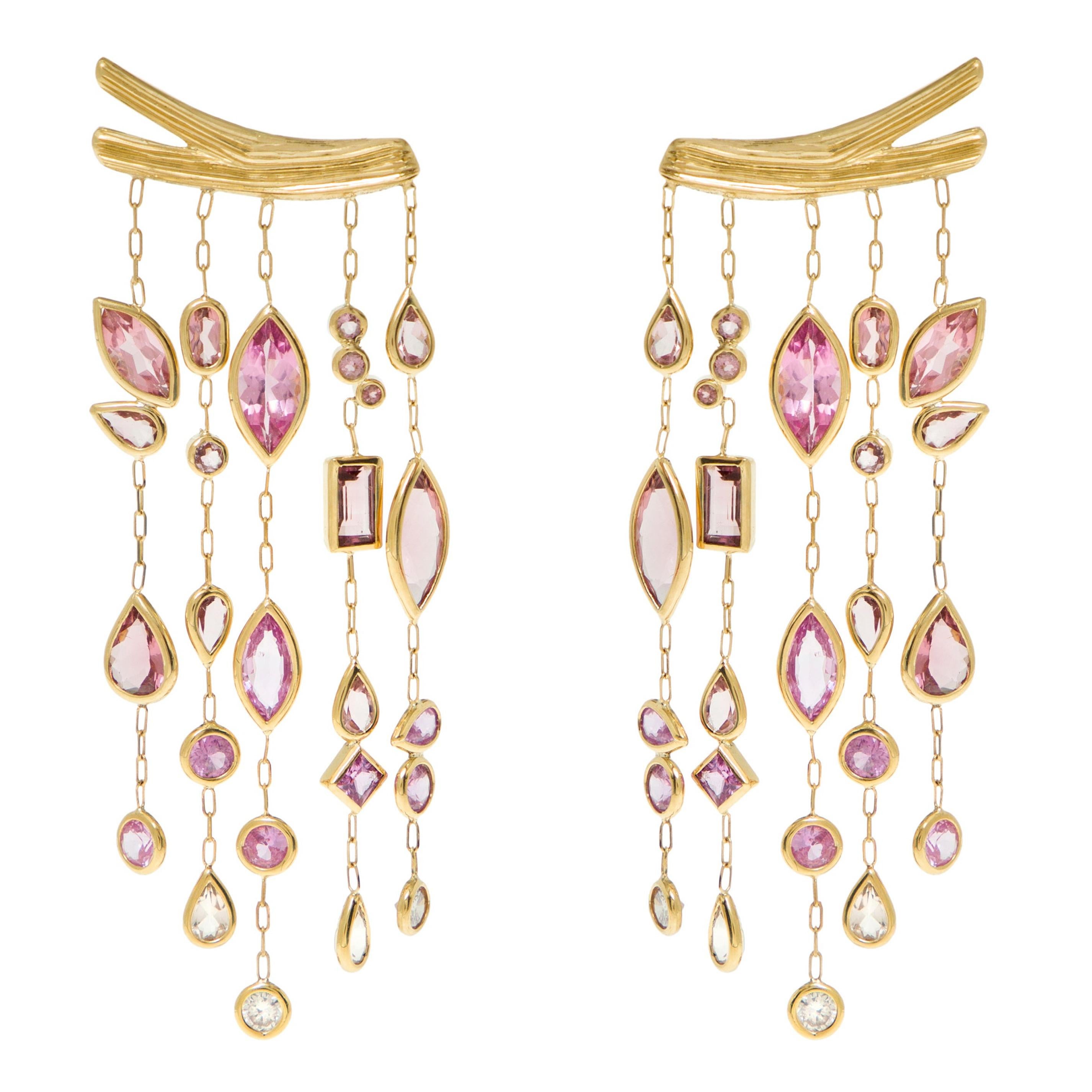 Van Gogh Almond Earrings 'Pink Diamond Tourmaline Sapphire Morganite 18k Gold' For Sale