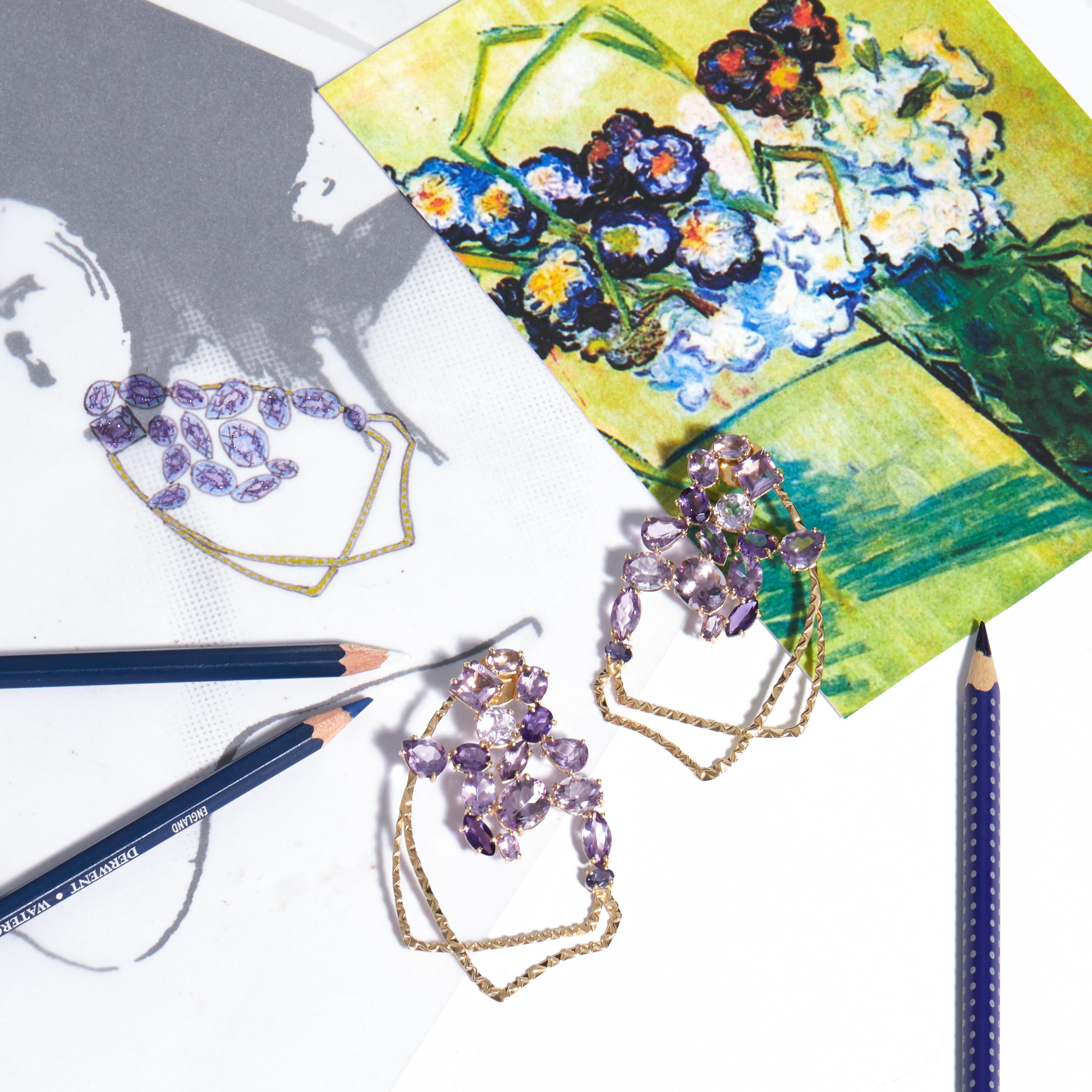 Mixed Cut Van Gogh Carnations Earrings 'Iolite, Amethyst, 18k Gold' For Sale