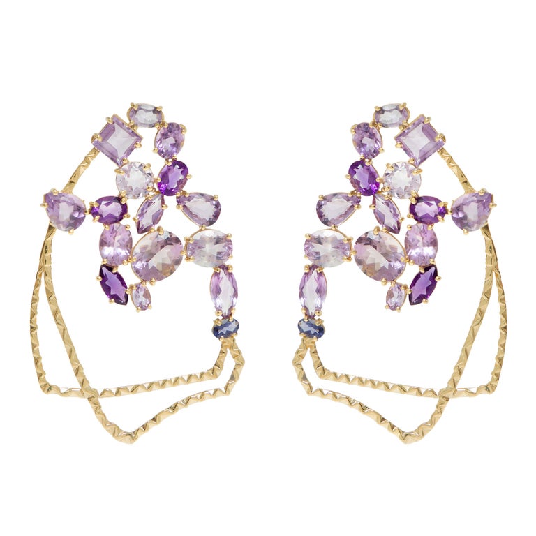 Van Gogh Carnations Earrings 'Iolite, Amethyst, 18k Gold' For Sale at