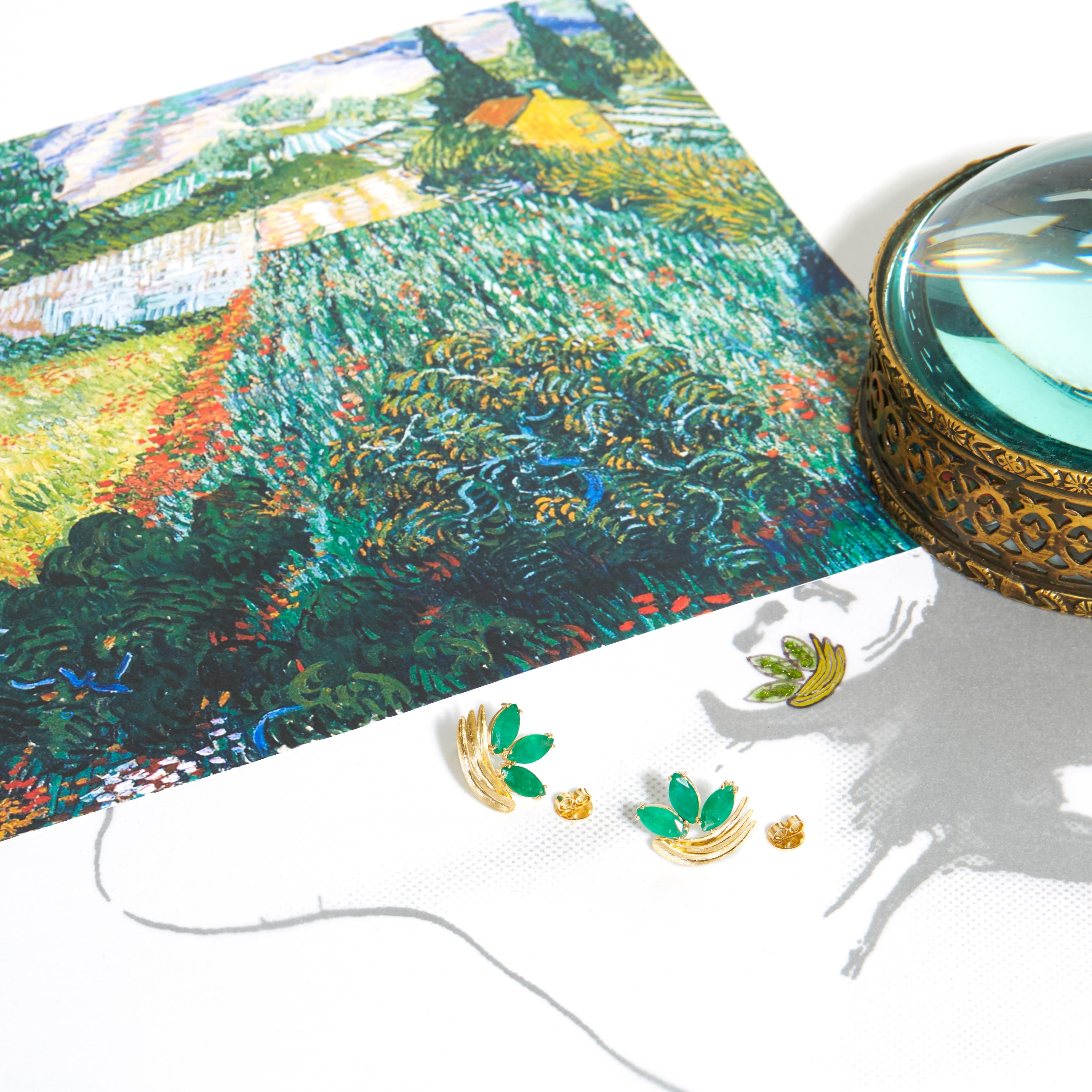 Contemporary Van Gogh Green Field Emerald Earrings 'Emerald, 18k Gold' For Sale