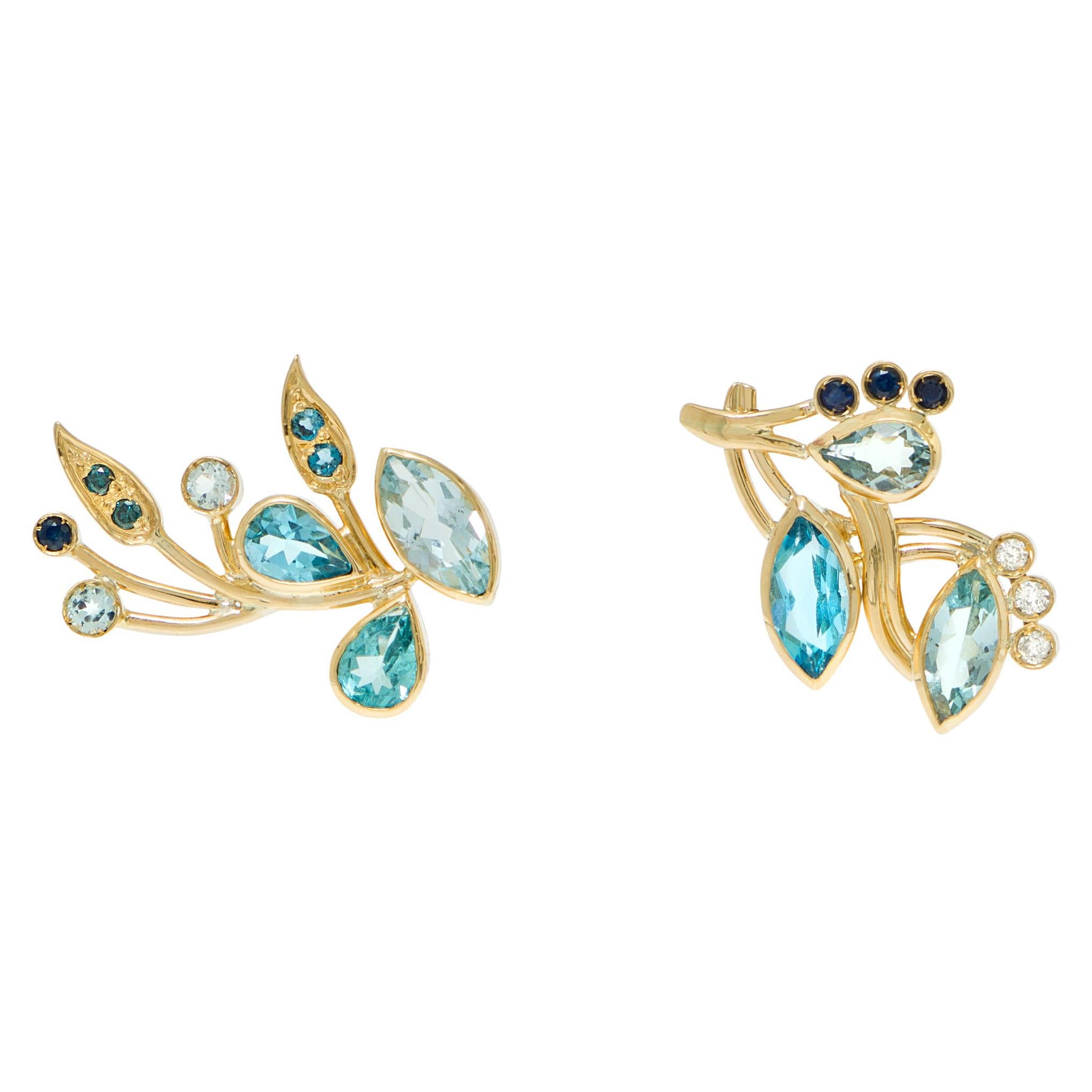 Van Gogh Irises Earrings 'Diamond, Sapphire, Apatite, Topaz, 18k Gold' For Sale