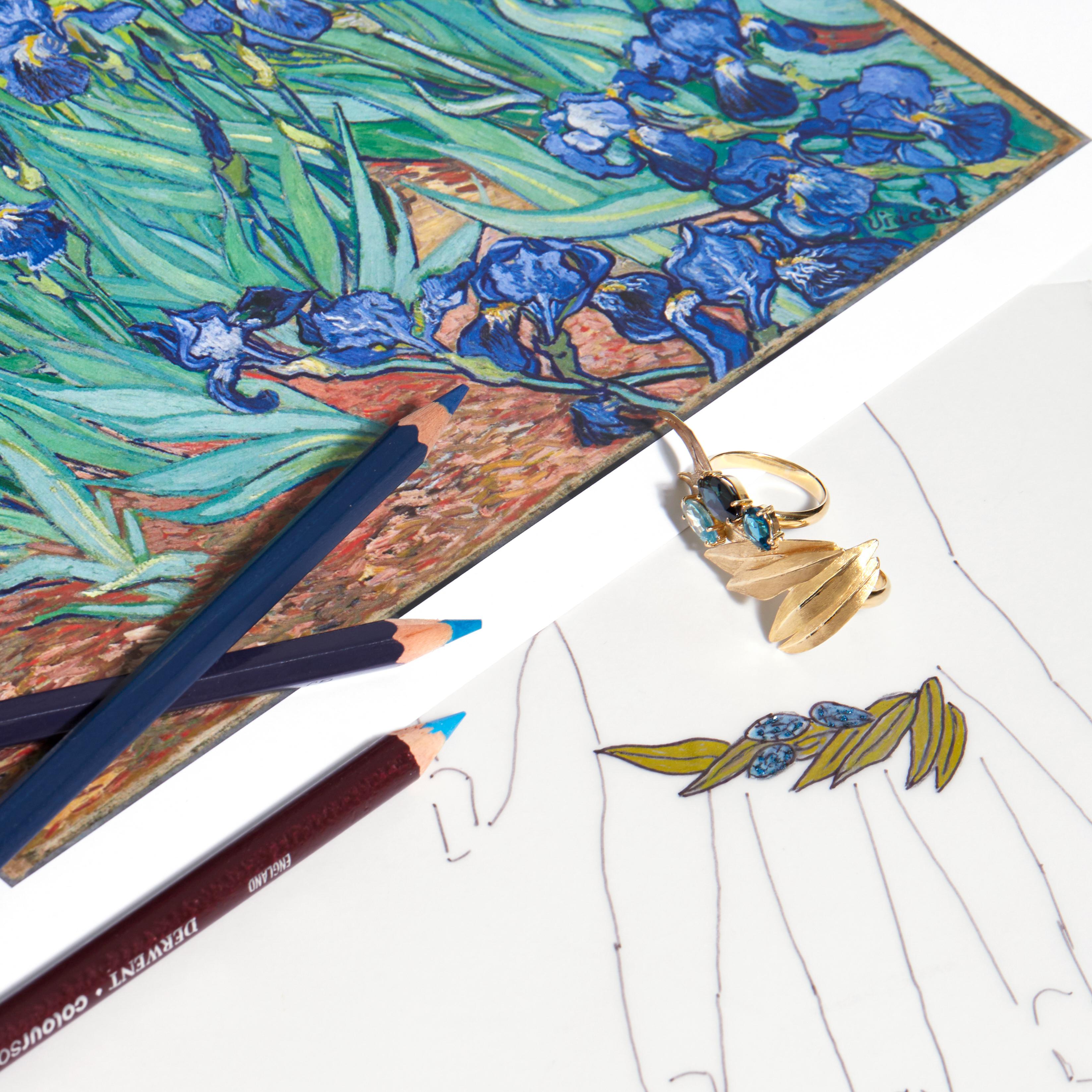 Contemporary Van Gogh Irises Ring 'Blue Sapphire, Blue Topaz, 18k Gold' For Sale