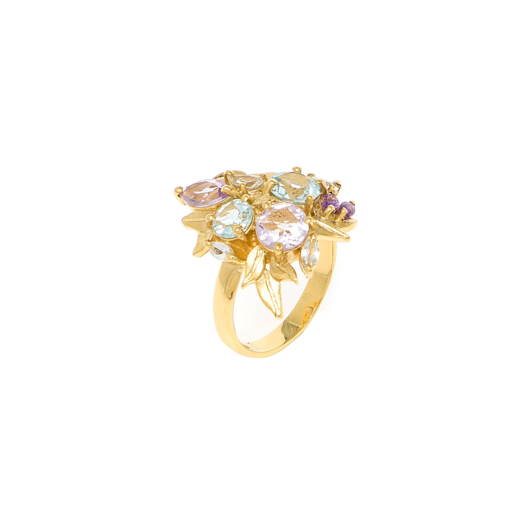 Ring
Gold 18K
Purple Amethysts, Pink Amethysts, White Sapphires, and Blue Topazes (Sky)
Handmade, polished finish and prong setting

At the time Van Gogh painted “Vase with Pink Roses” the artist was overflowing with life, optimism, and hope.  His