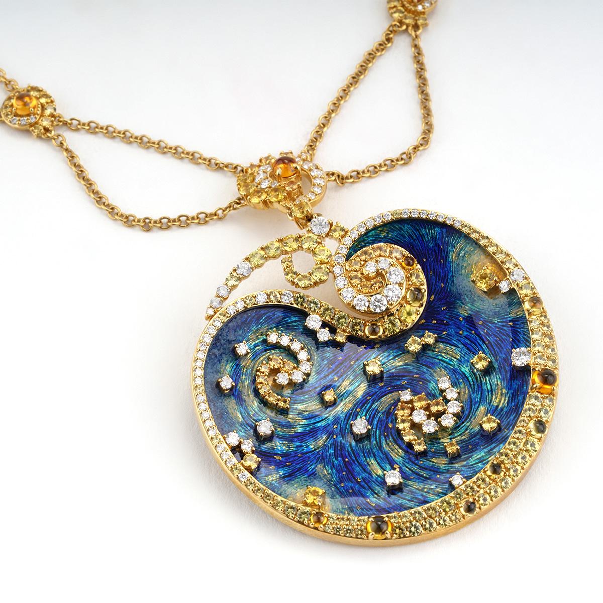 Introducing our breathtaking Starry Night Necklace, a true Belle Époque masterpiece inspired by the iconic painting of Van Gogh. Crafted with meticulous attention to detail, this exquisite necklace is a celebration of artistry and luxury.

Made of