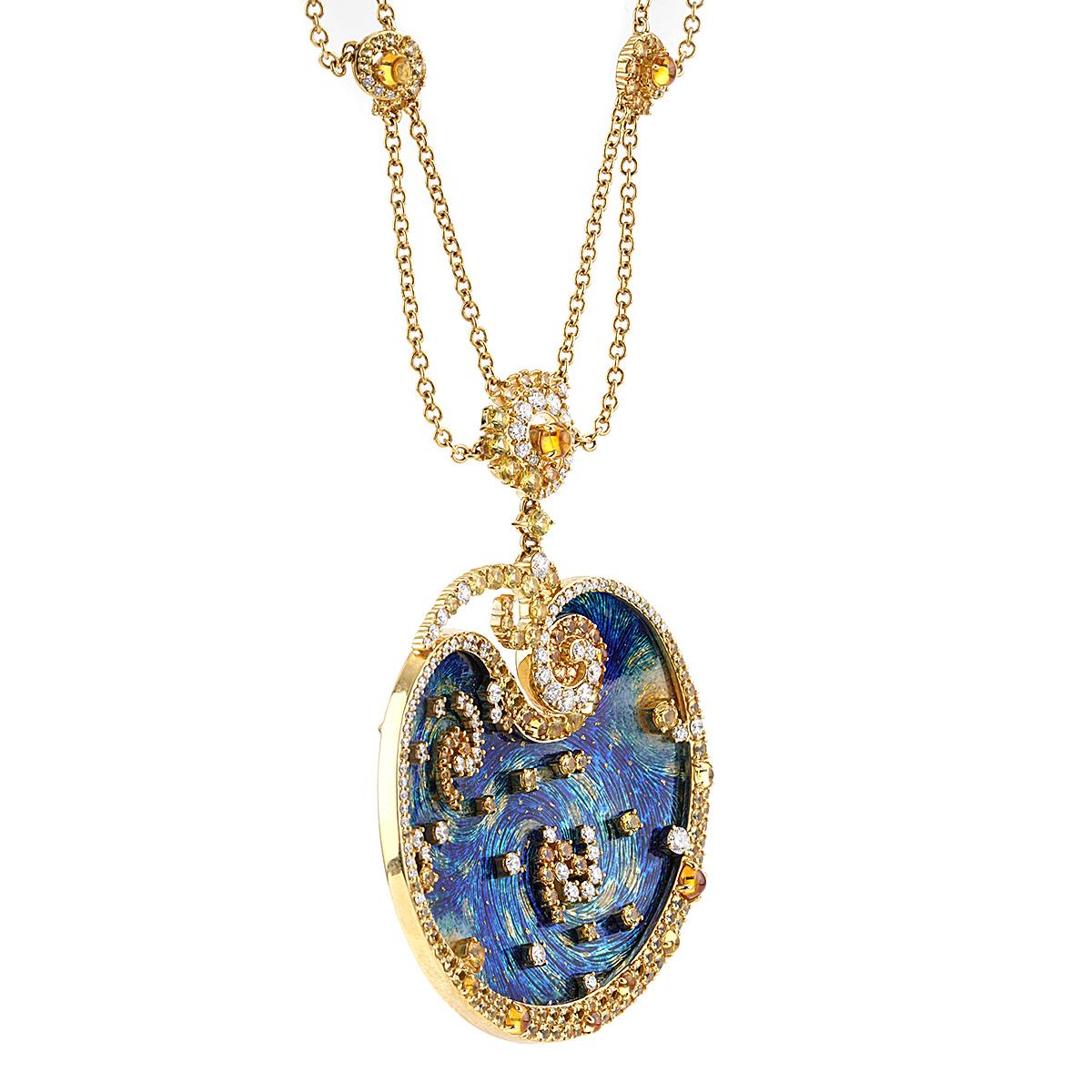 Belle Époque Van Gogh Starry Night 6.53 Cttw. Diamond and Yellow Sapphire Necklace 18K Gold For Sale