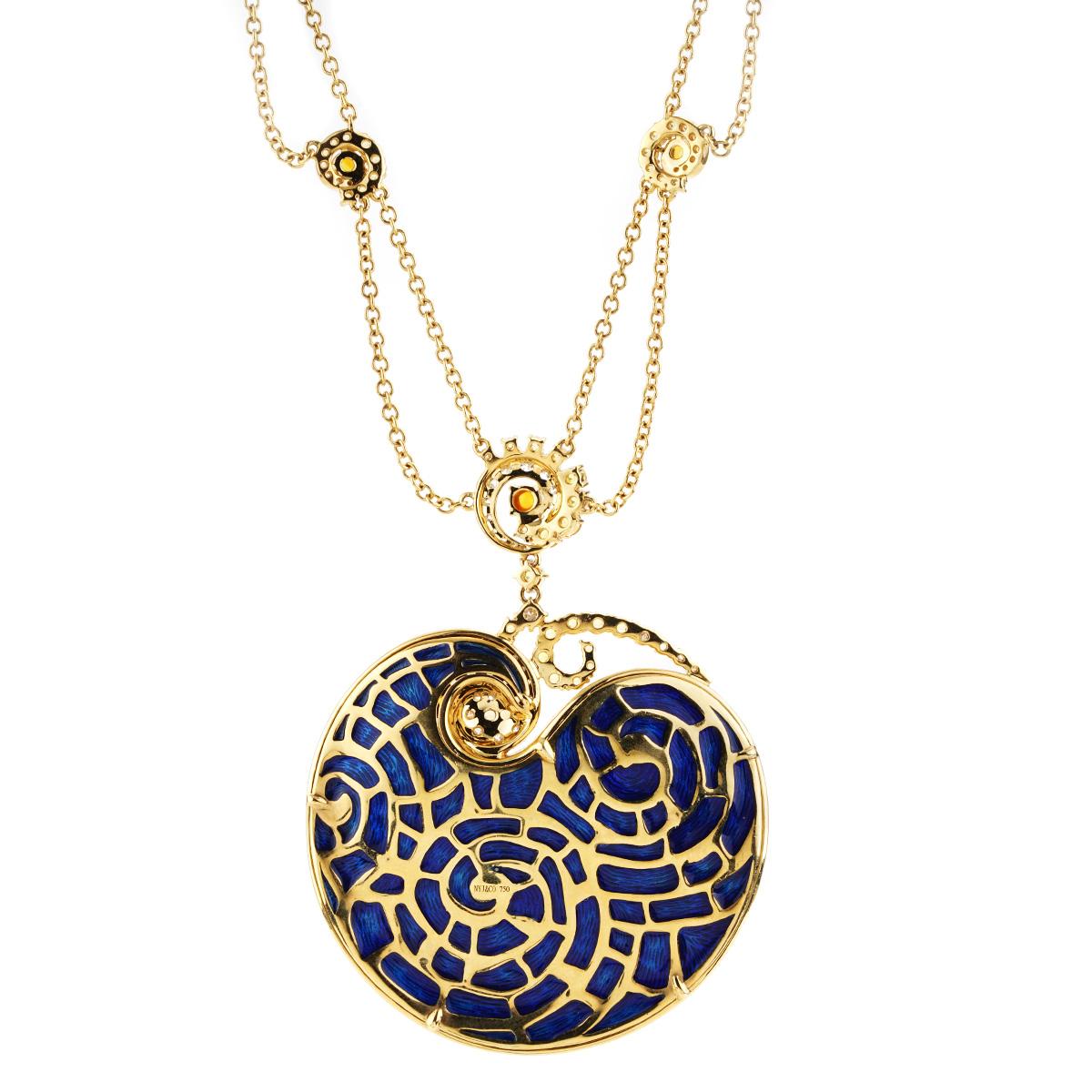 Round Cut Van Gogh Starry Night 6.53 Cttw. Diamond and Yellow Sapphire Necklace 18K Gold For Sale