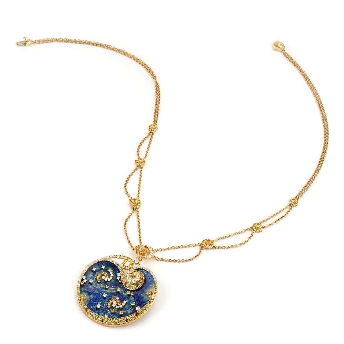 Van Gogh Starry Night 6.53 Cttw. Diamond and Yellow Sapphire Necklace 18K Gold In New Condition For Sale In Chicago, IL