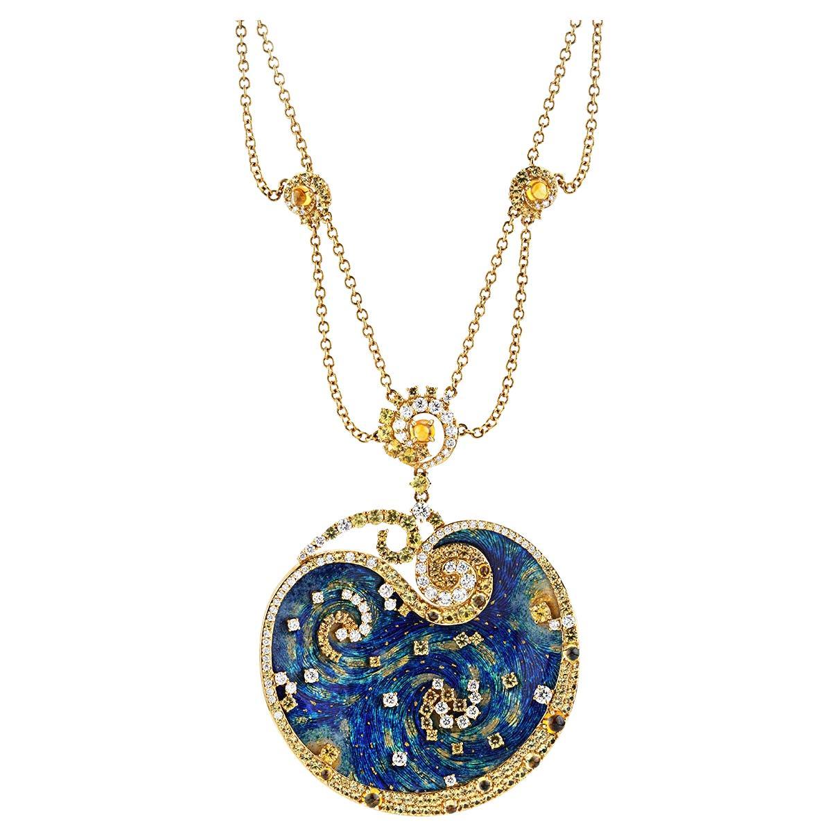 Van Gogh Starry Night 6.53 Cttw. Diamond and Yellow Sapphire Necklace 18K Gold For Sale