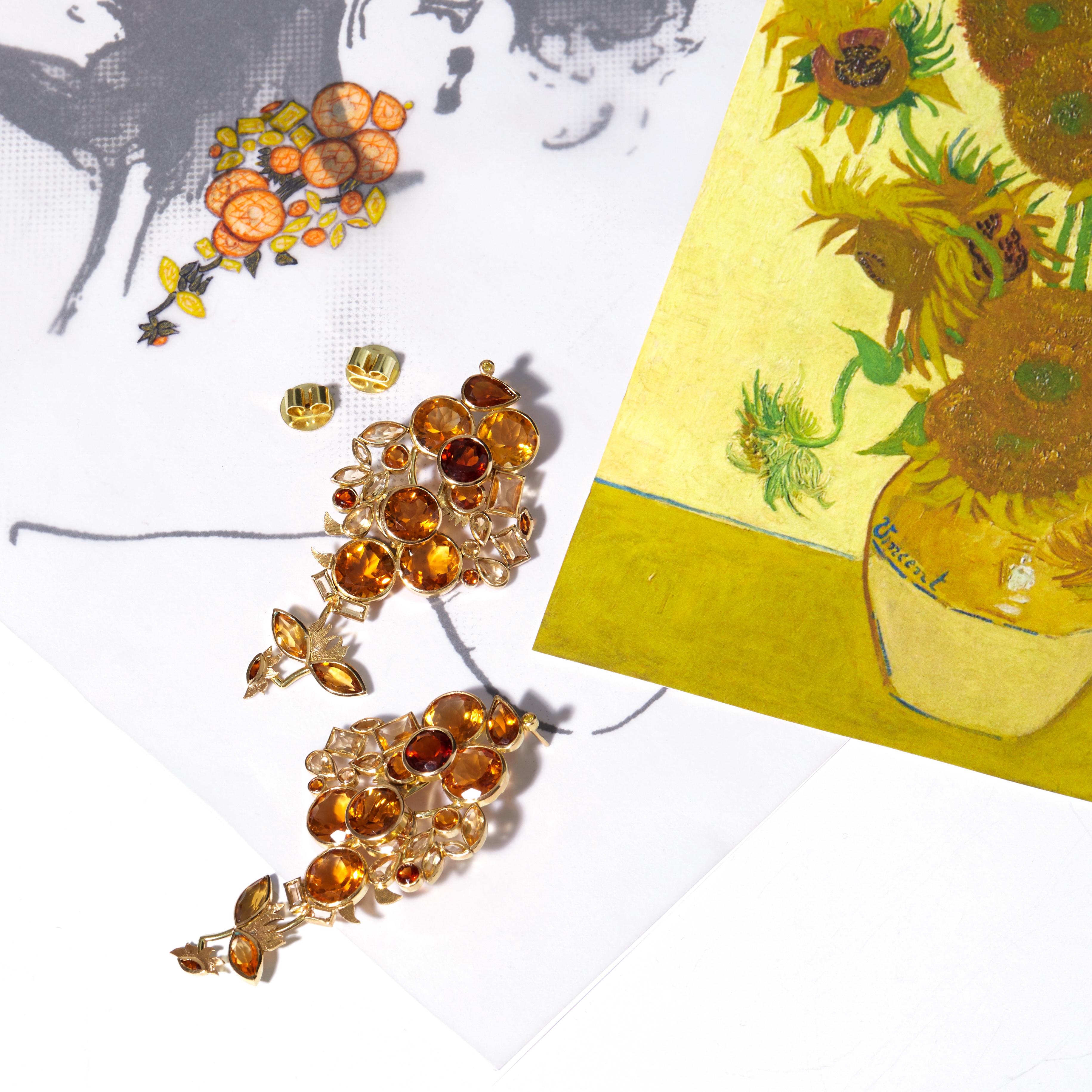 Mixed Cut Van Gogh Sunflowers Earrings 'Yellow Diamond, Citrine, 18k Gold' For Sale