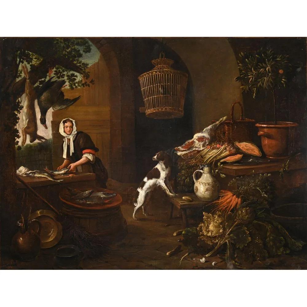 La cuisinière écaillant le poisson dans une cuisine - Painting de VAN GRIEF Adrien dit GRIFF. (1670-1715).