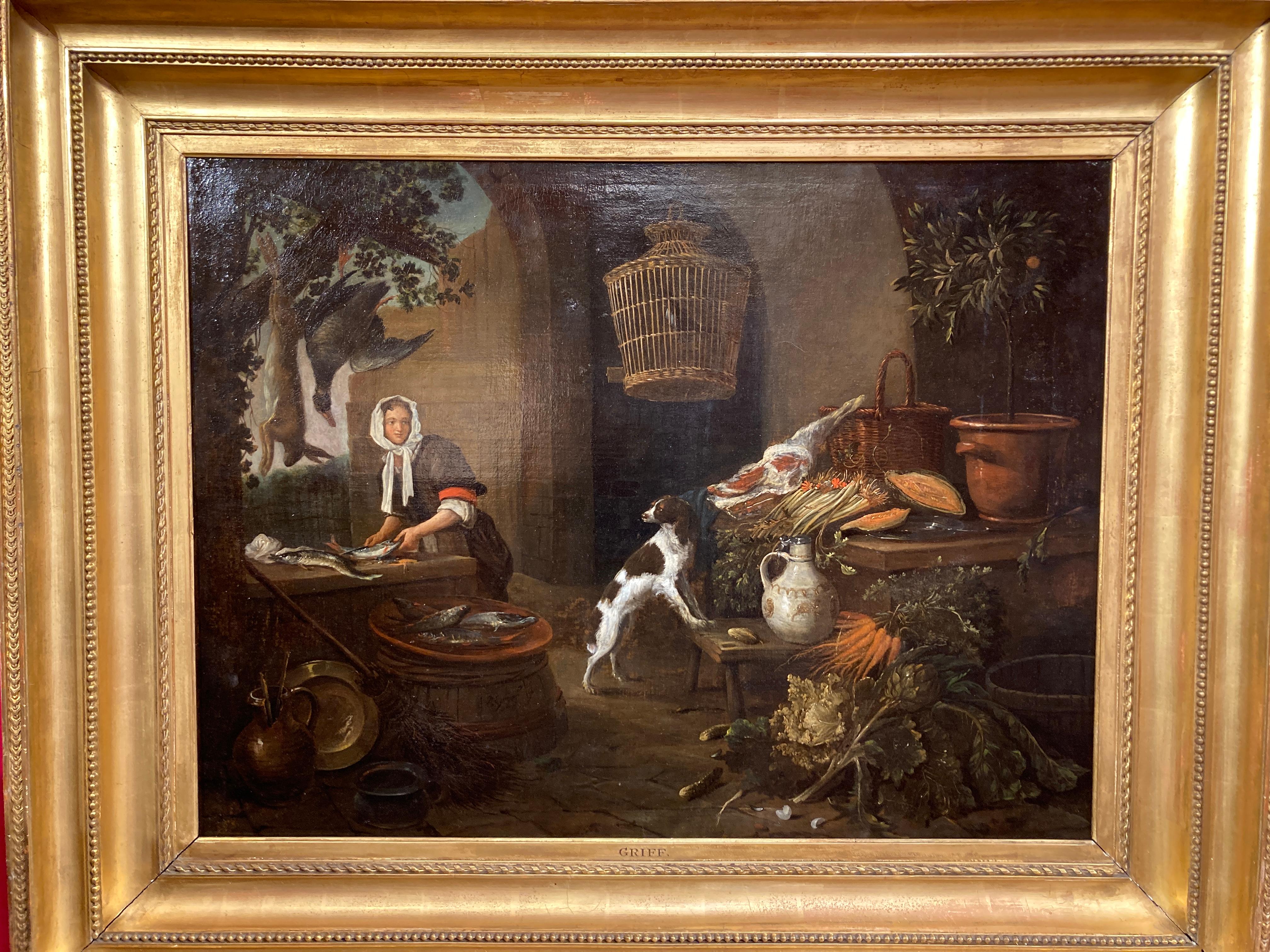 Interior Painting VAN GRIEF Adrien dit GRIFF. (1670-1715). - La cuisinière écaillant le poisson dans une cuisine