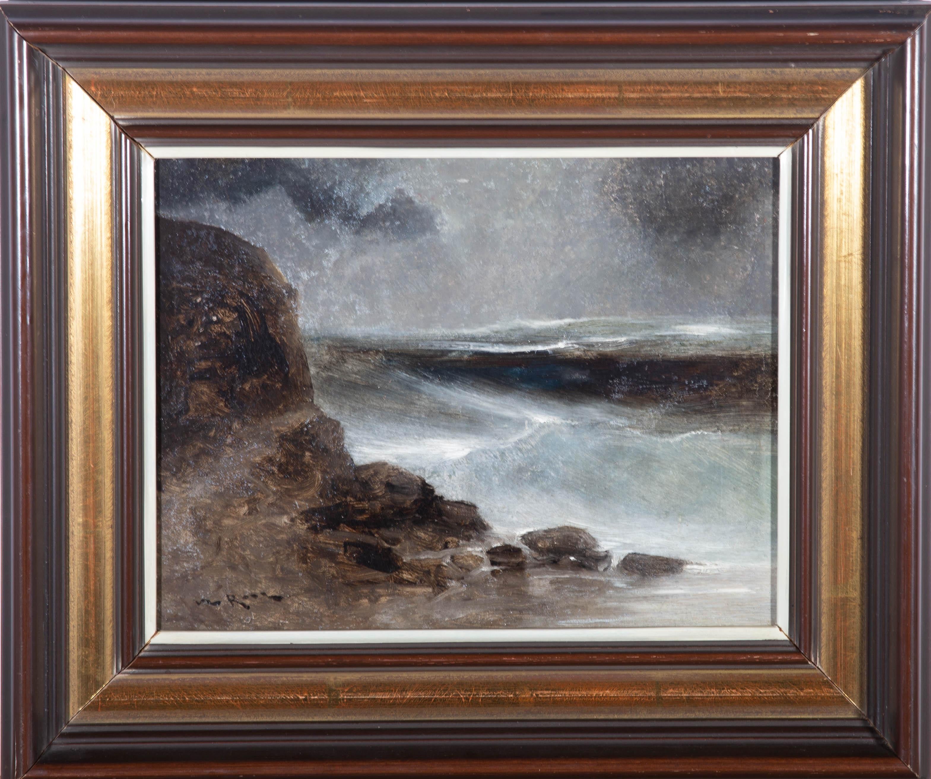 Depicting choppy waves hitting rocks on the shoreline. This dark, atmospheric seascape captures the movement of the waves in heavy, expressive brushstrokes and a rich colour palette. The painting is signed Van Hier to the lower left and is very much
