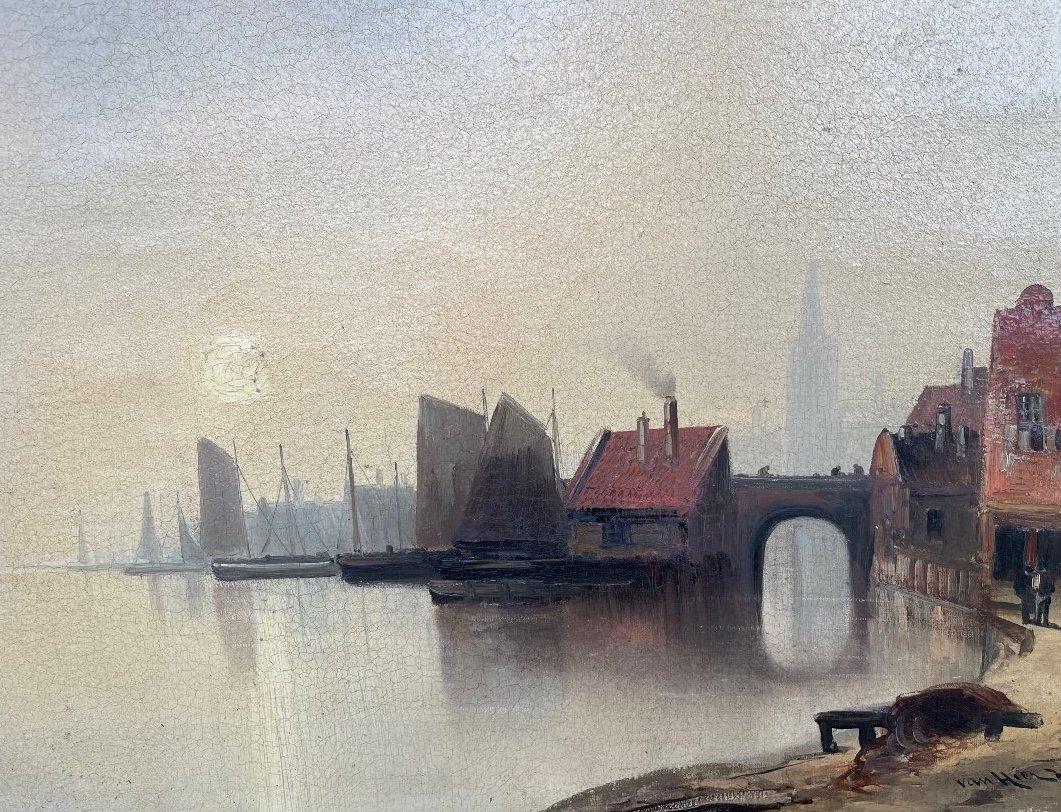 Harbor at Sunrise, grande école impressionniste néerlandaise, huile sur toile originale - Painting de Van Hier