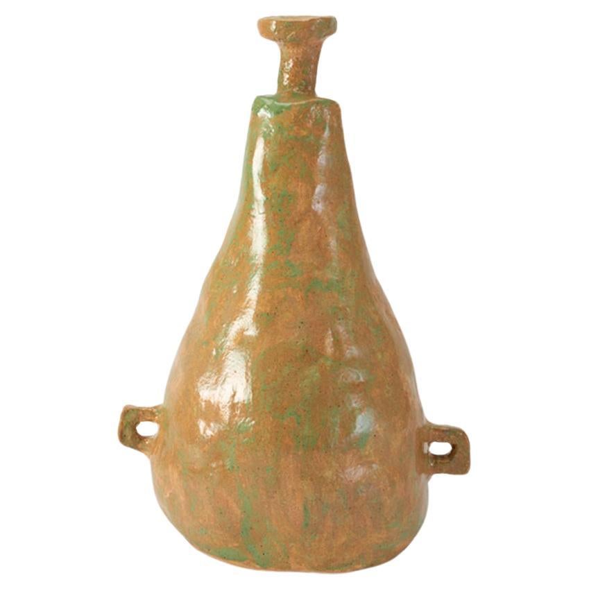 Van Hooff Ceramic Vase "Koni", Green and Brown, African Style, Contemporary Clay For Sale