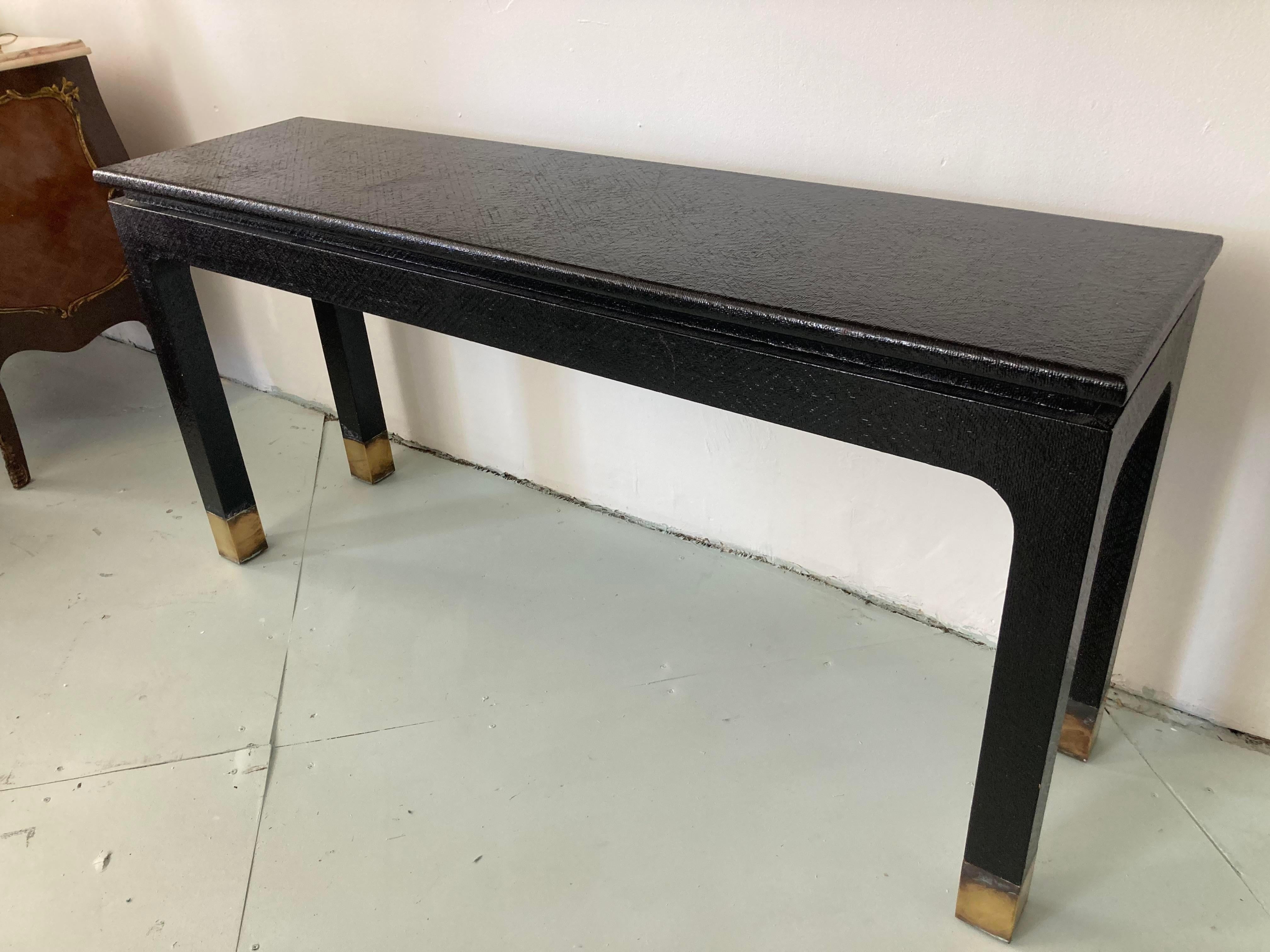 Modern Van Horn Black Lacquered Raffia Wrapped Console For Sale