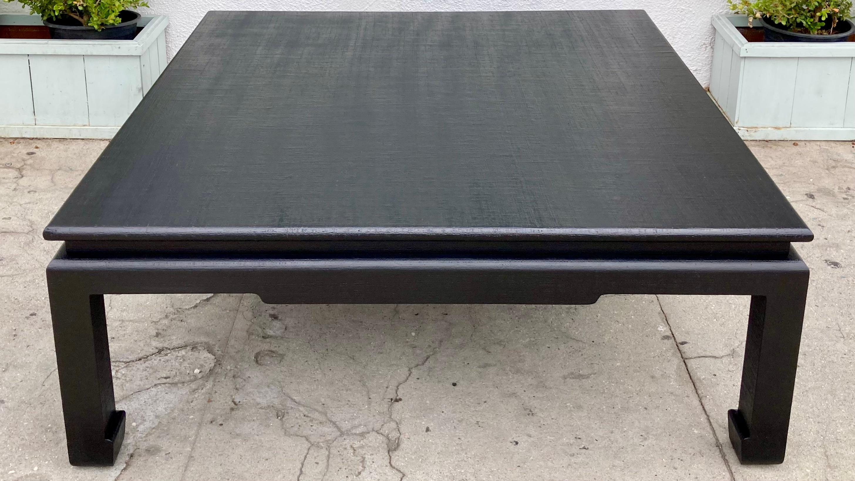 Modern Van Horn Linen Wrapped Asian Style Coffee Table in Satin Black Lacquered Finish For Sale