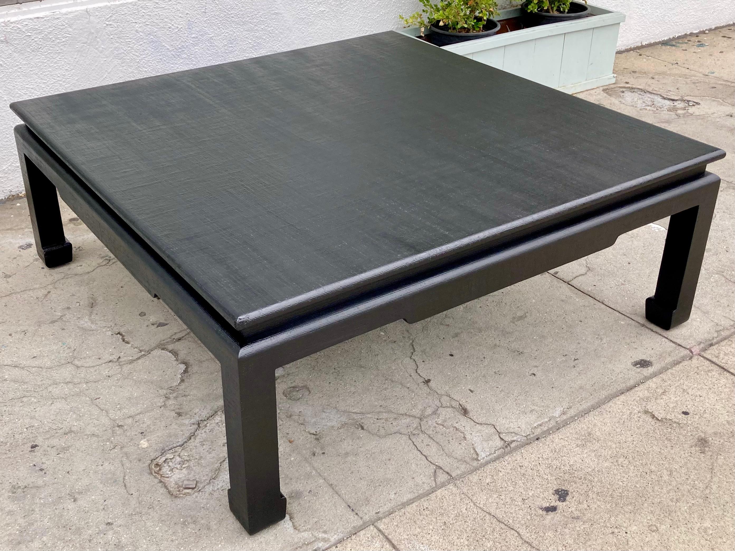 American Van Horn Linen Wrapped Asian Style Coffee Table in Satin Black Lacquered Finish For Sale