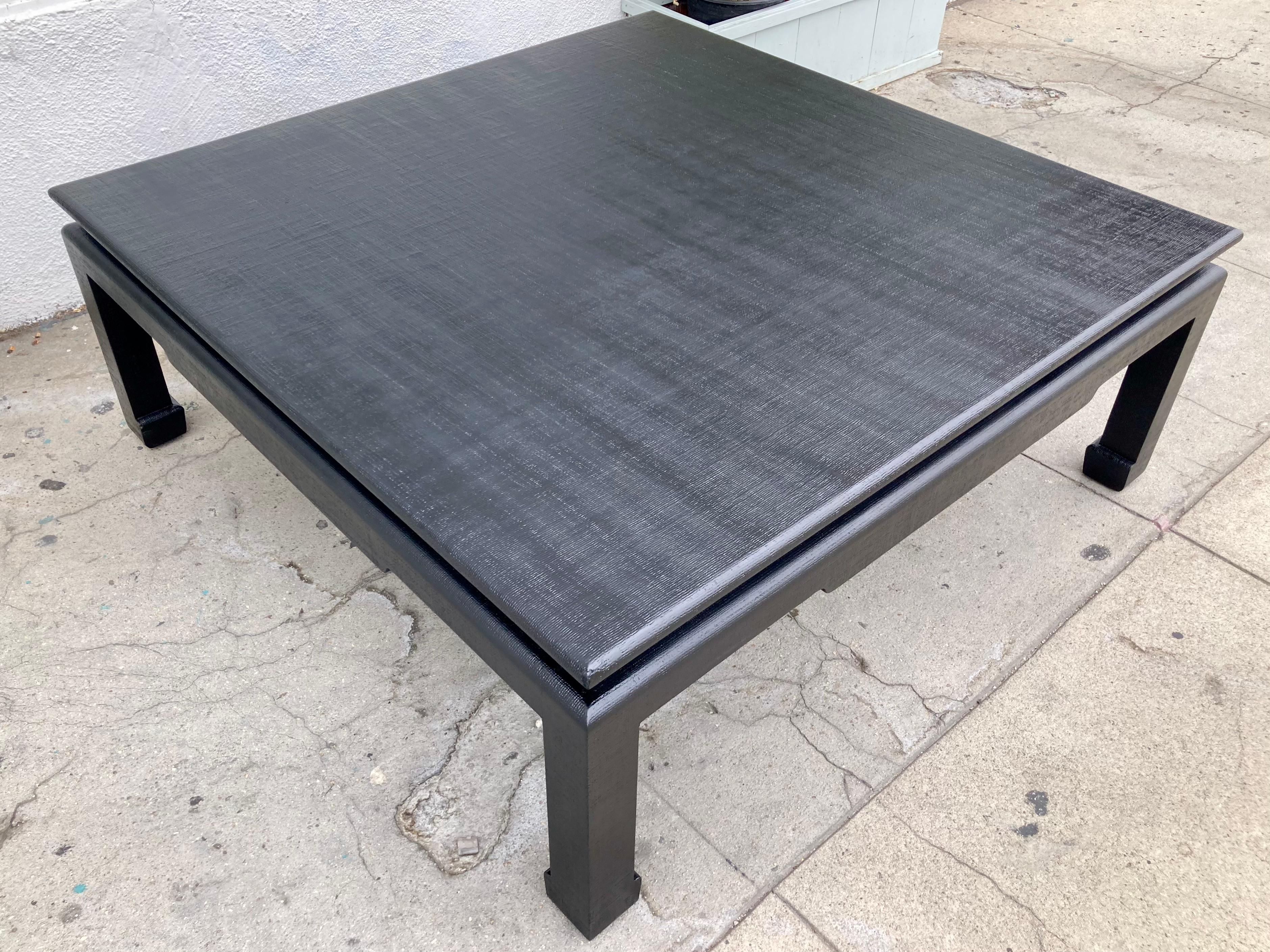 Van Horn Linen Wrapped Asian Style Coffee Table in Satin Black Lacquered Finish In Good Condition For Sale In Los Angeles, CA
