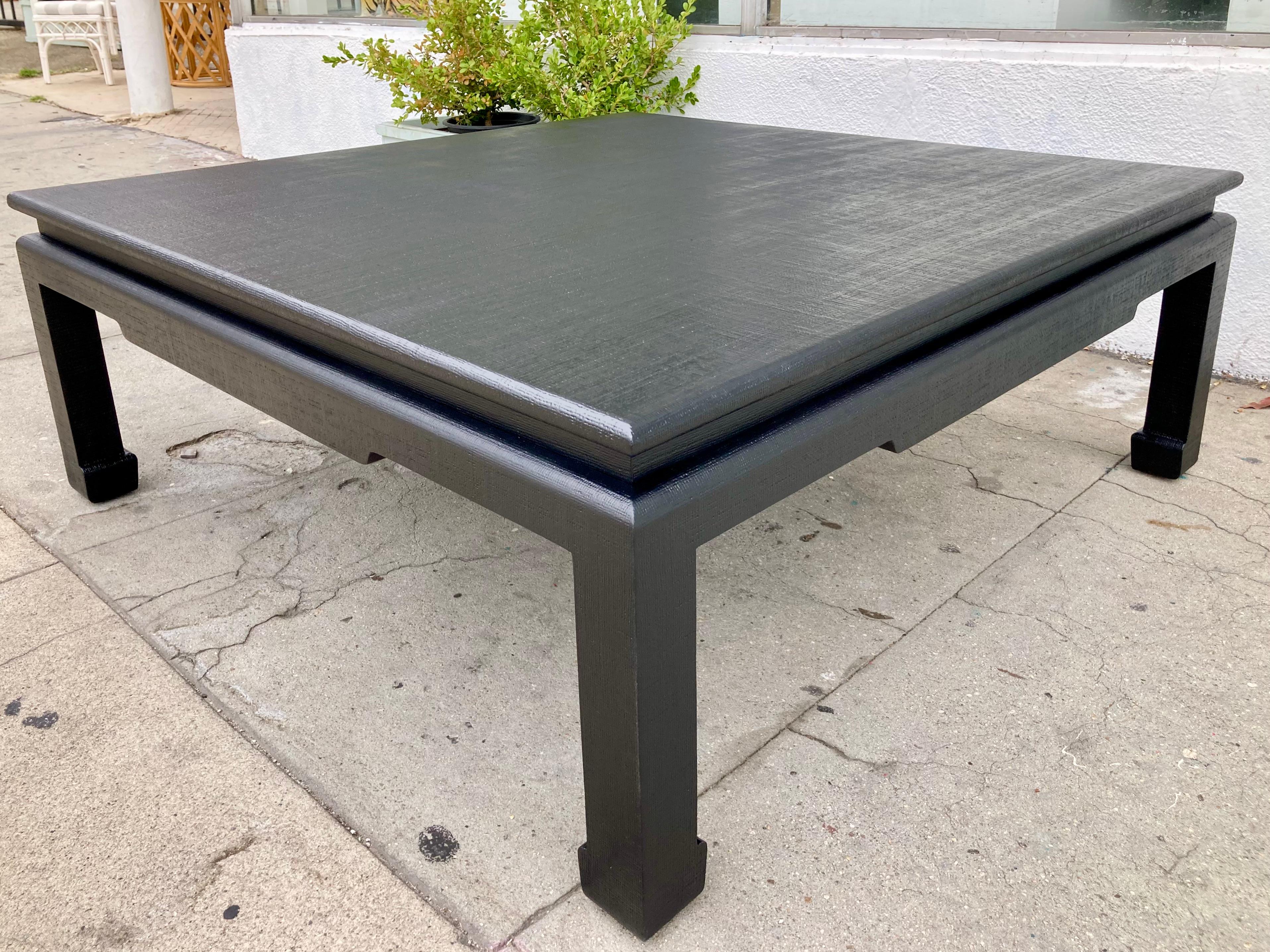 Late 20th Century Van Horn Linen Wrapped Asian Style Coffee Table in Satin Black Lacquered Finish For Sale
