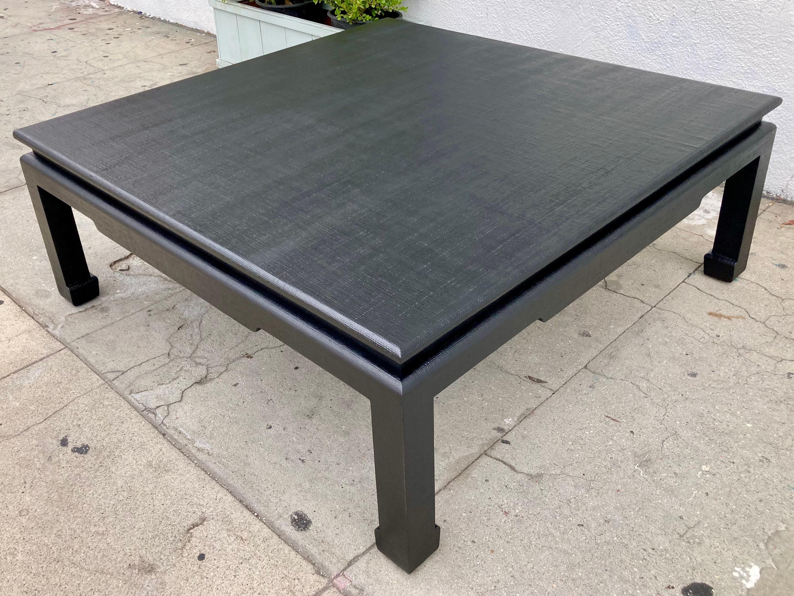 Wood Van Horn Linen Wrapped Asian Style Coffee Table in Satin Black Lacquered Finish For Sale