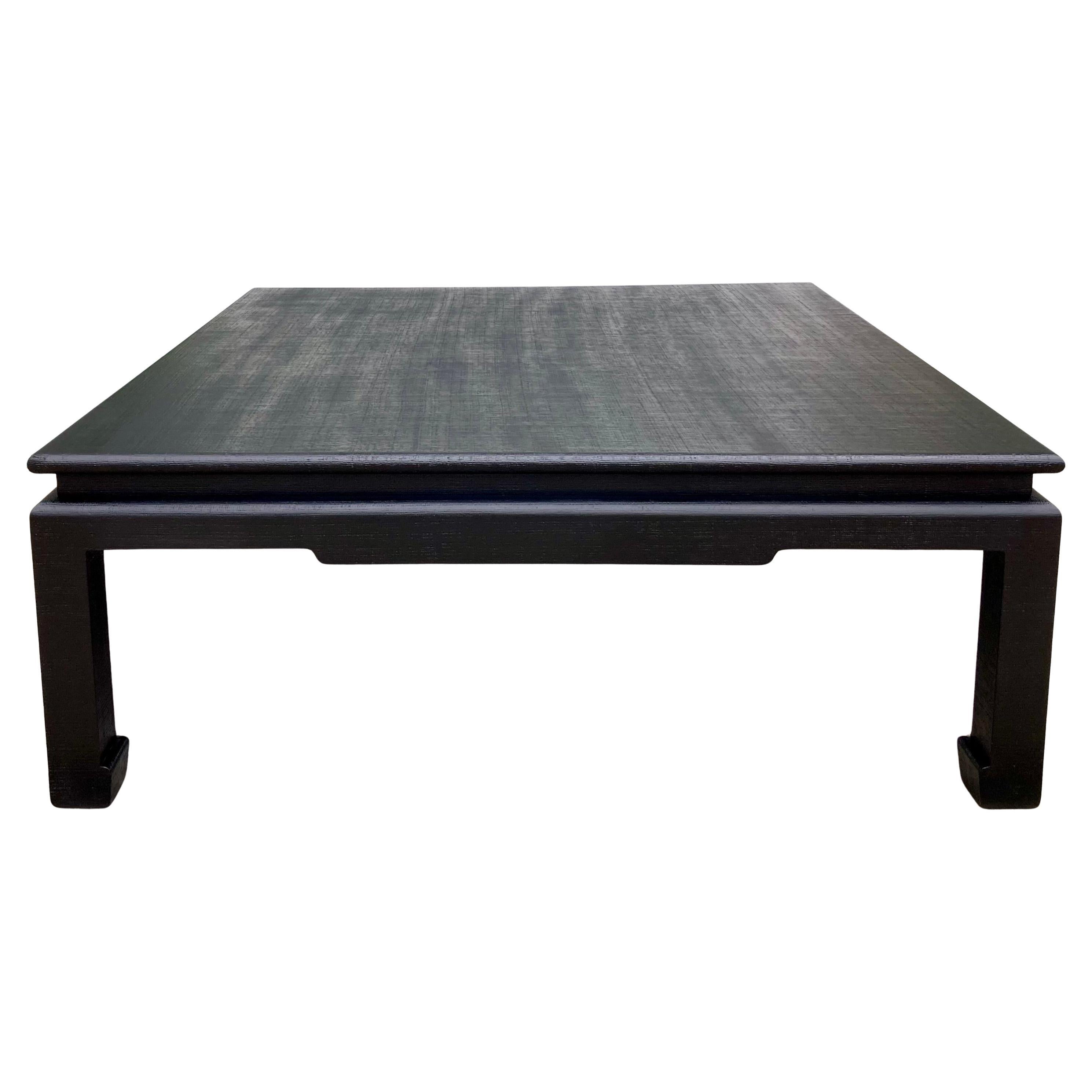Van Horn Linen Wrapped Asian Style Coffee Table in Satin Black Lacquered Finish