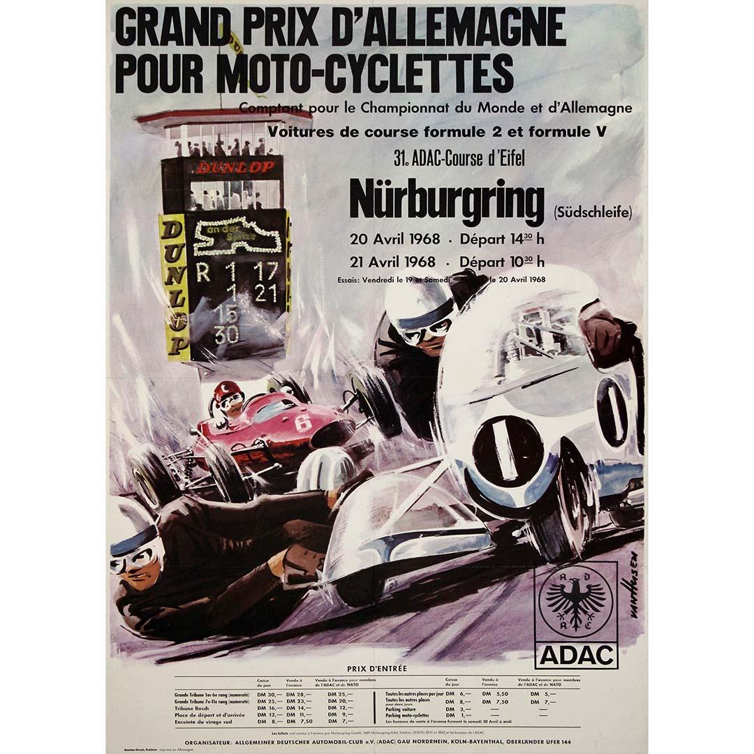 L'affiche du Grand Prix d'Allemagne pour Moto-Cyclettes 1968, conçue par l'artiste Van Husen, capture l'énergie électrisante de l'un des événements les plus emblématiques du sport automobile qui s'est déroulé au Nürburgring, en Allemagne. Connu pour