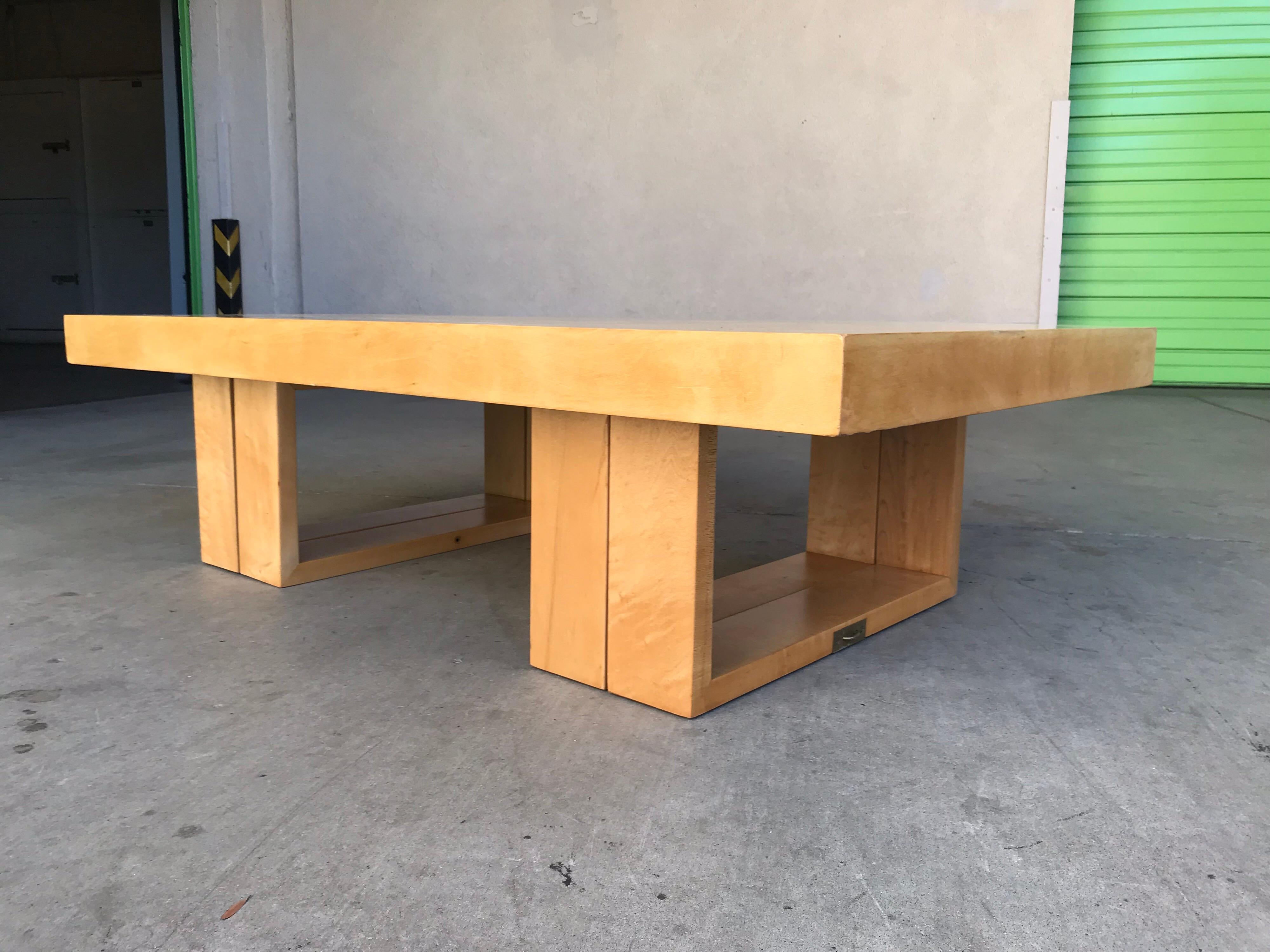 Ultra Modern California design.
This is an early production piece with the old Beverly Hills label, circa 1940s. 
It was later manufactured in the 1950s by Brown & Saltman in mahogany.
Made of solid birch wood (no press-board) and brass hardware.
A