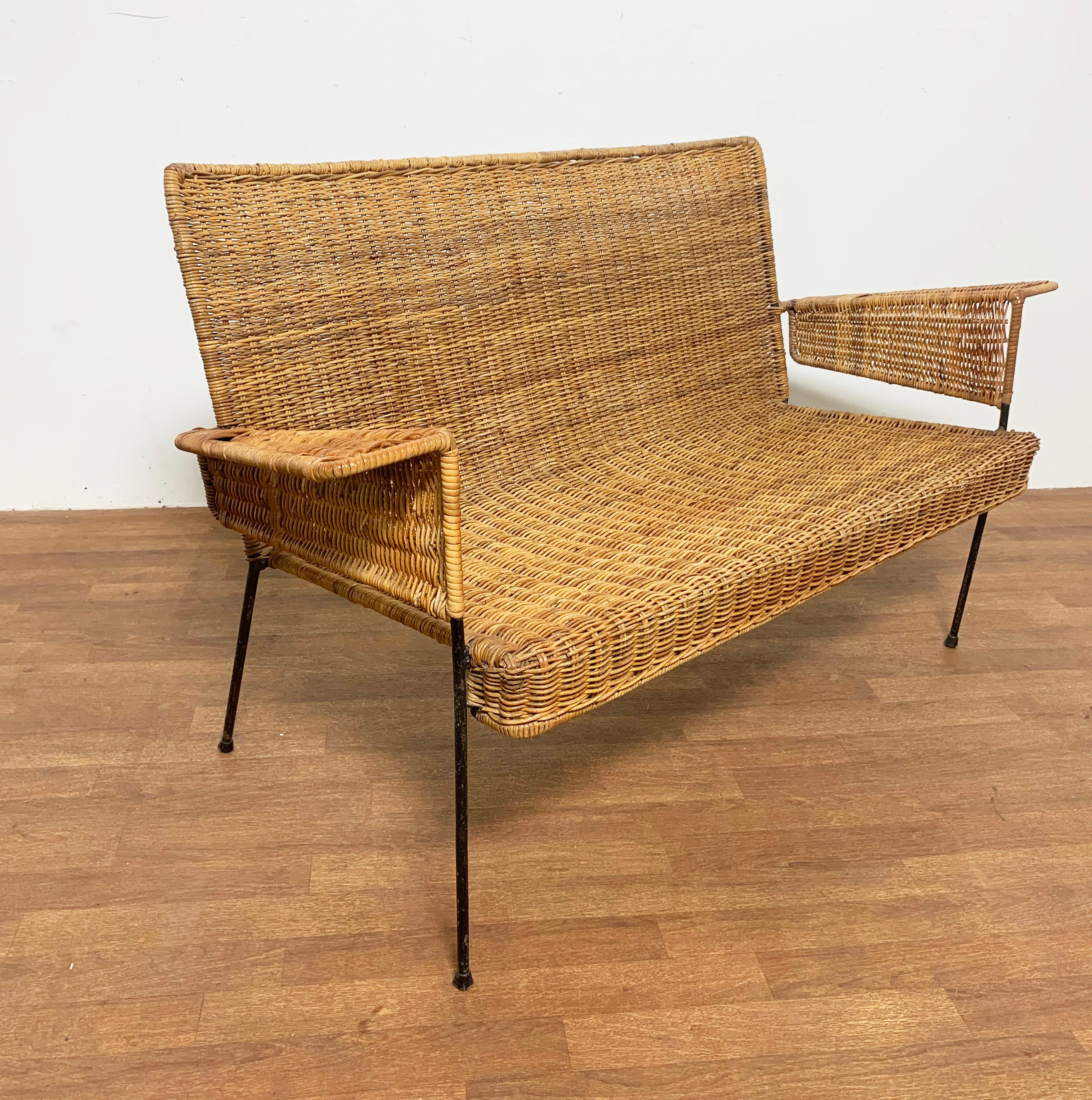 Mid-Century Modern Van Keppel & Green Rattan Settee, Circa 1950s For Sale