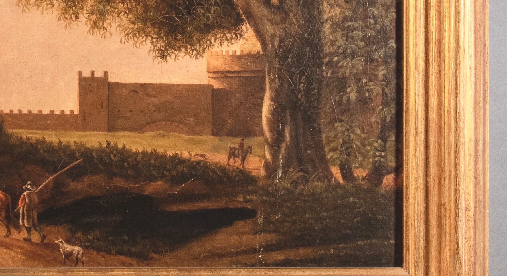 Oil on canvas depicting the landscape of the Roman countryside with figures and Rome in the background.
Our painter is part of the Flemish school active in Rome from the latter 18th Century, circle of Van Lint school.

The painting, which has