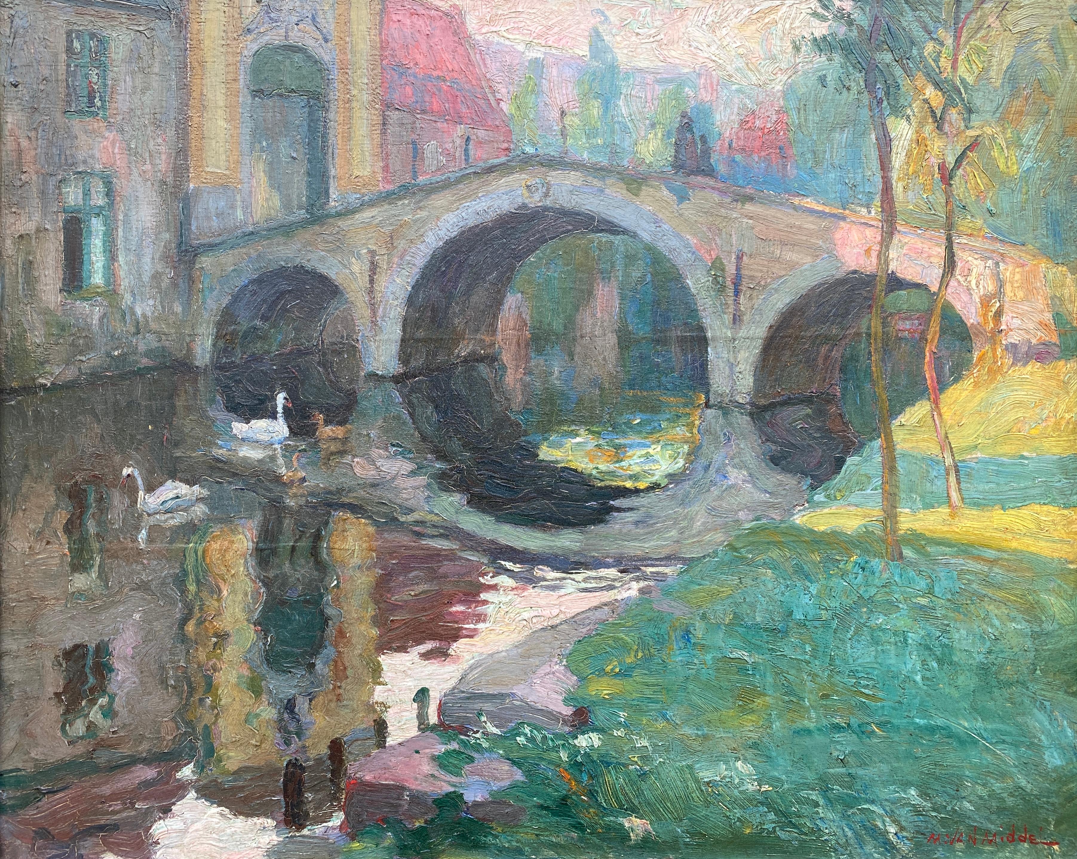 Kanalansicht von Brügge - Der Beginenhof, Maurice Van Middel, Brügge 1886 - 1952   – Painting von  Van Middel Maurice