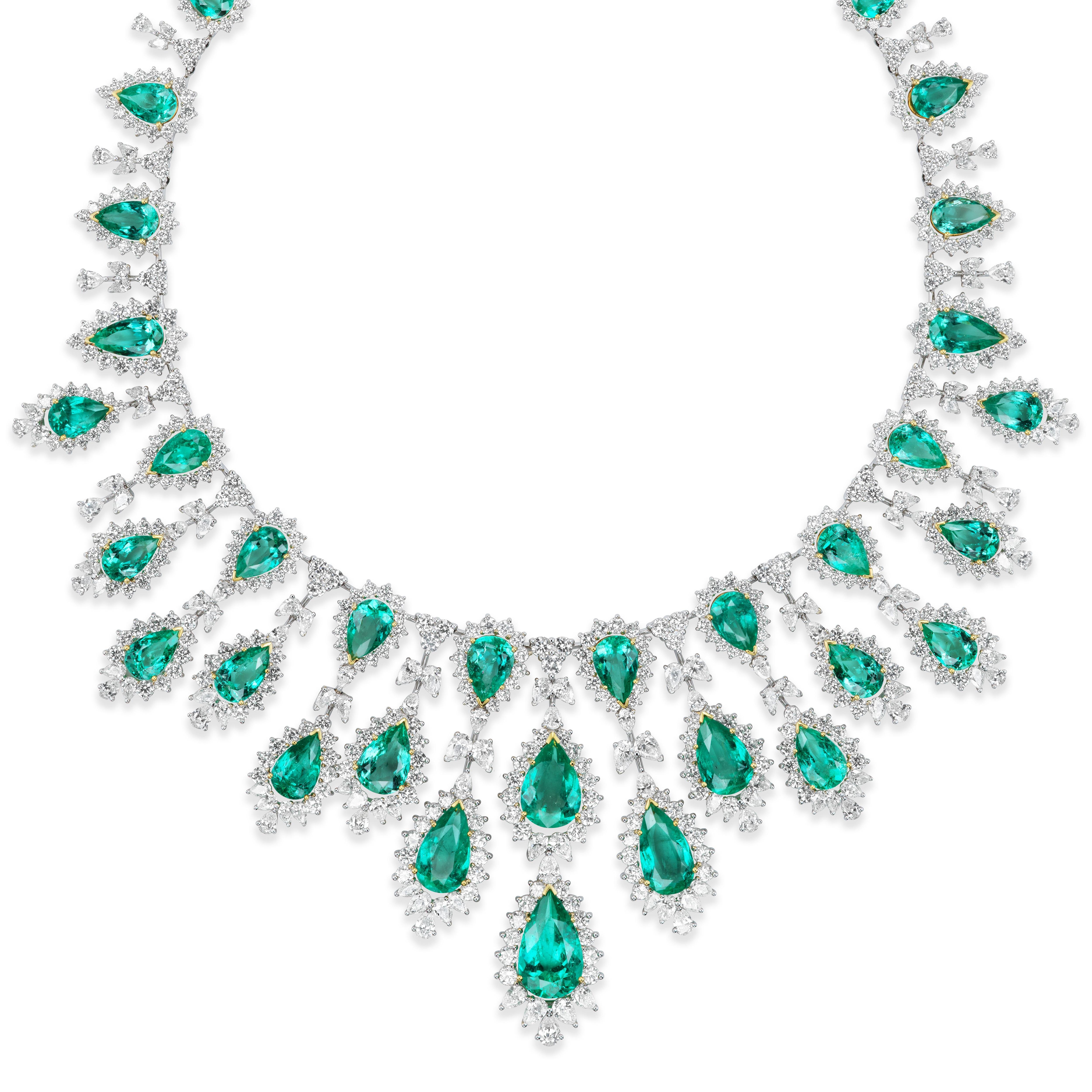Contemporary Van Necklace & Earrings Suite (220.66 ct Colombian Emeralds & Diamonds) in 18K For Sale
