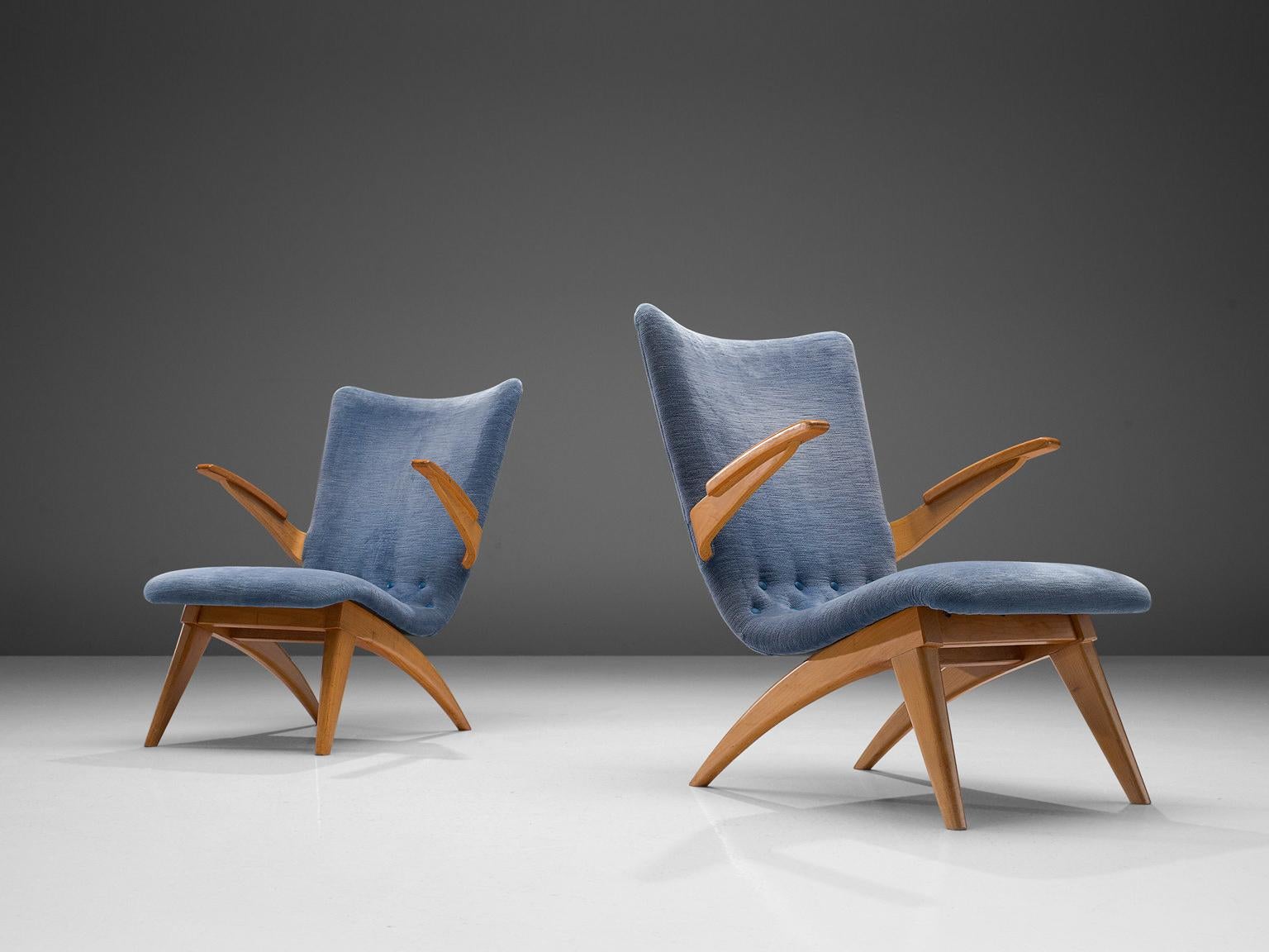 Dutch Van Os Pair of Armchairs in Blue Upholstery 